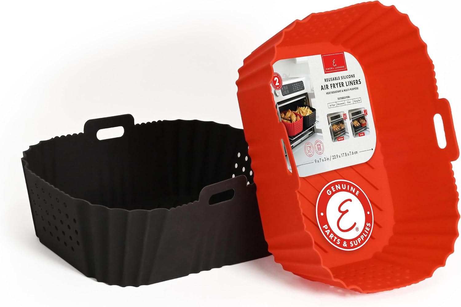 Reusable Silicone Air Fryer Liners for Emeril Lagasse Air Fryer Oven – Non-Stick Reusable Air Fryer Basket Liners – Dishwasher Safe – 9 x 7 x 3 Inch – 2 Pack – Black
