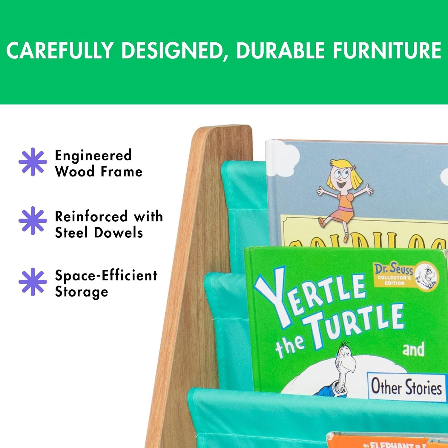 Humble Crew Kids Bookshelf, Montessori Front Facing Toddler Bookcase 4 Tier | Book display rack and reading nook organizer, nylon pockets show covers face out, compact for any playroom or bedroom space