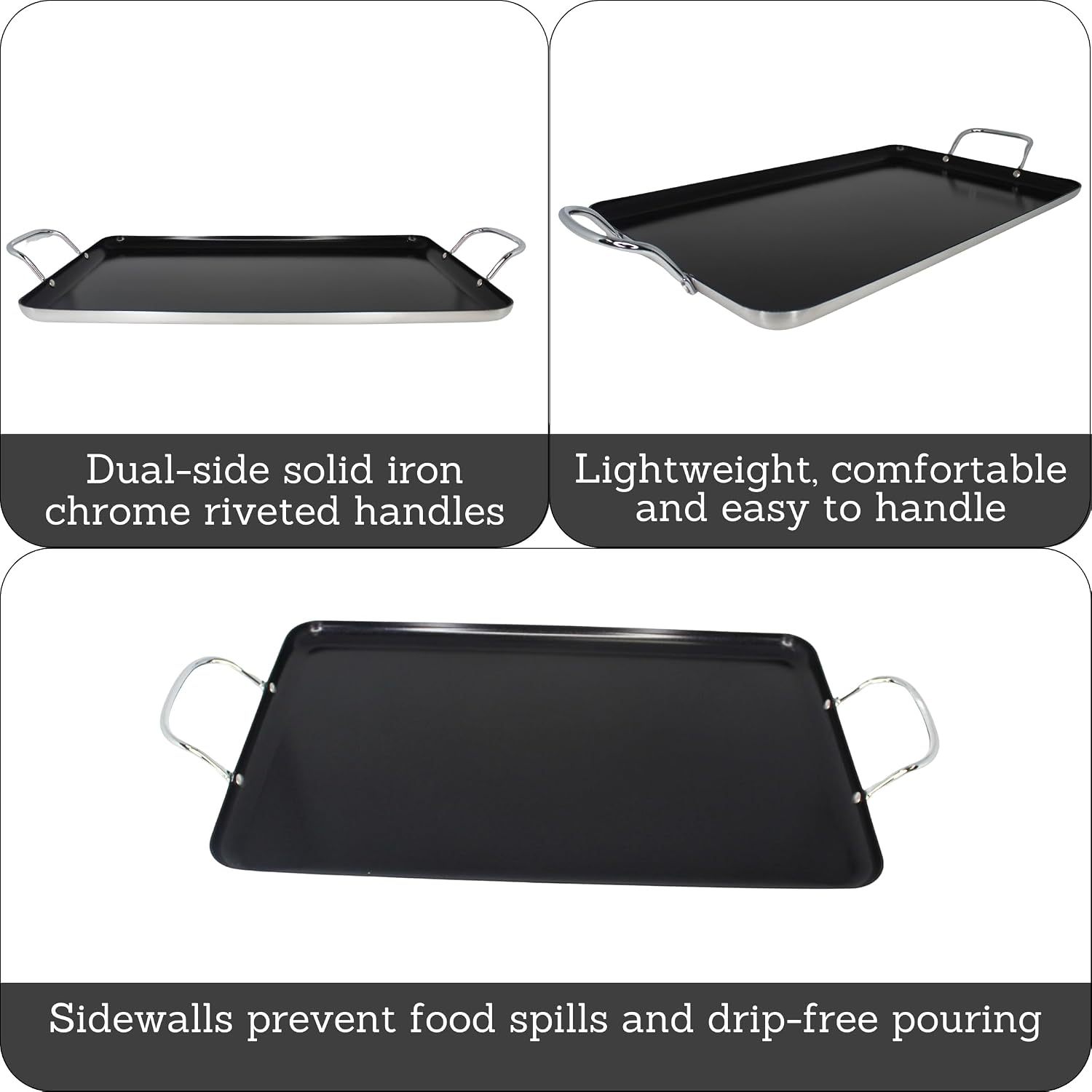 Imusa Double Burner Griddle Non-Stick 20-Inch, Black | Nonstick Coated Surface, Dual Side Handles, Ideal for Breakfast Foods, Perfect for Gatherings