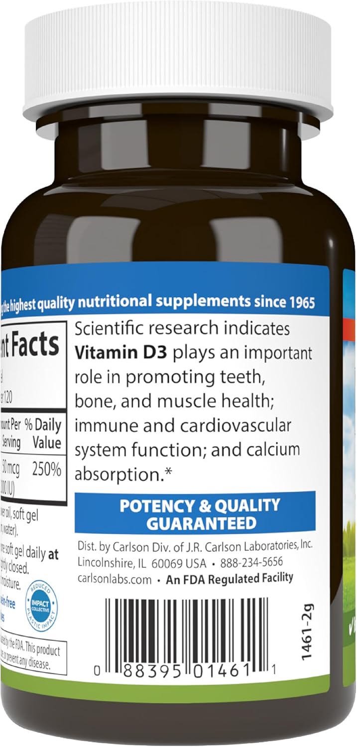 Carlson Vitamin D3, 2000 IU (50 mcg), Bone Health, 120 Softgels | Muscle Health; Cholecalciferol; Vitamin D Supplements; Vitamin D3 Soft Gels