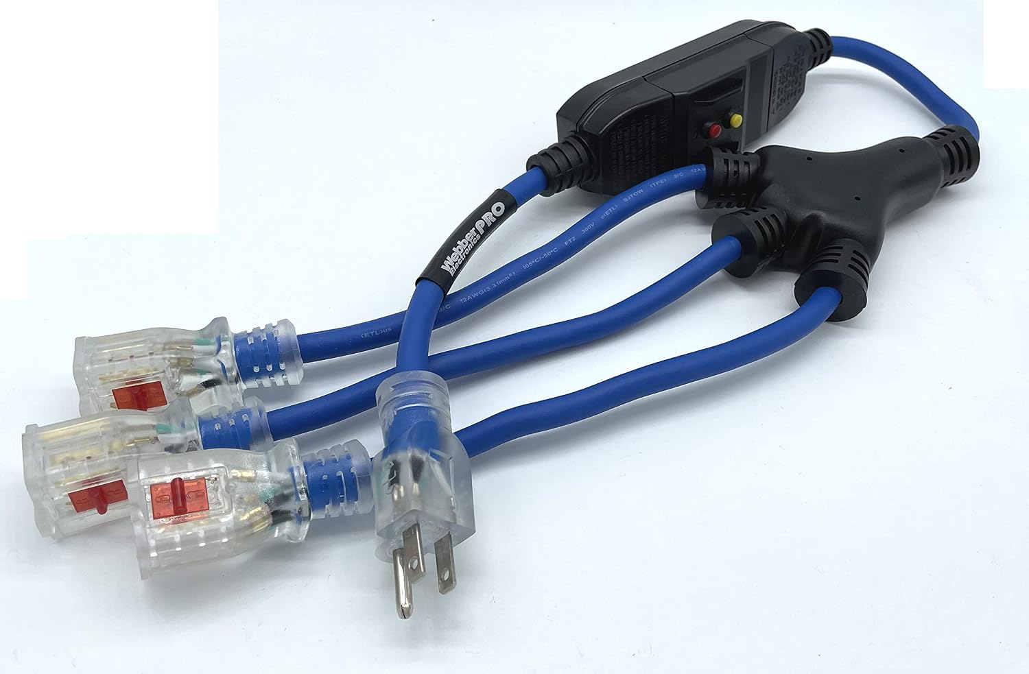 Webber Pro-Series Safety Extension Cable NEMA 5-15P Plug to in-Line GFCI with Illuminated “Triton” Locking Triple Receptacles 2.5'. Webber