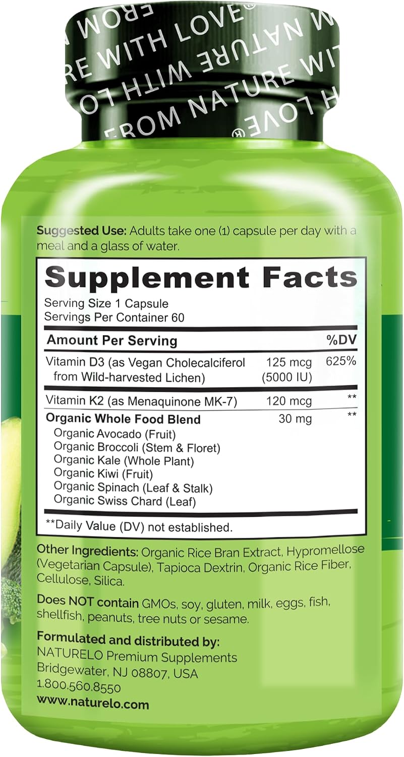 NATURELO Vitamin D3 K2, Vegan K2+D3 Supplement, 60 Capsules