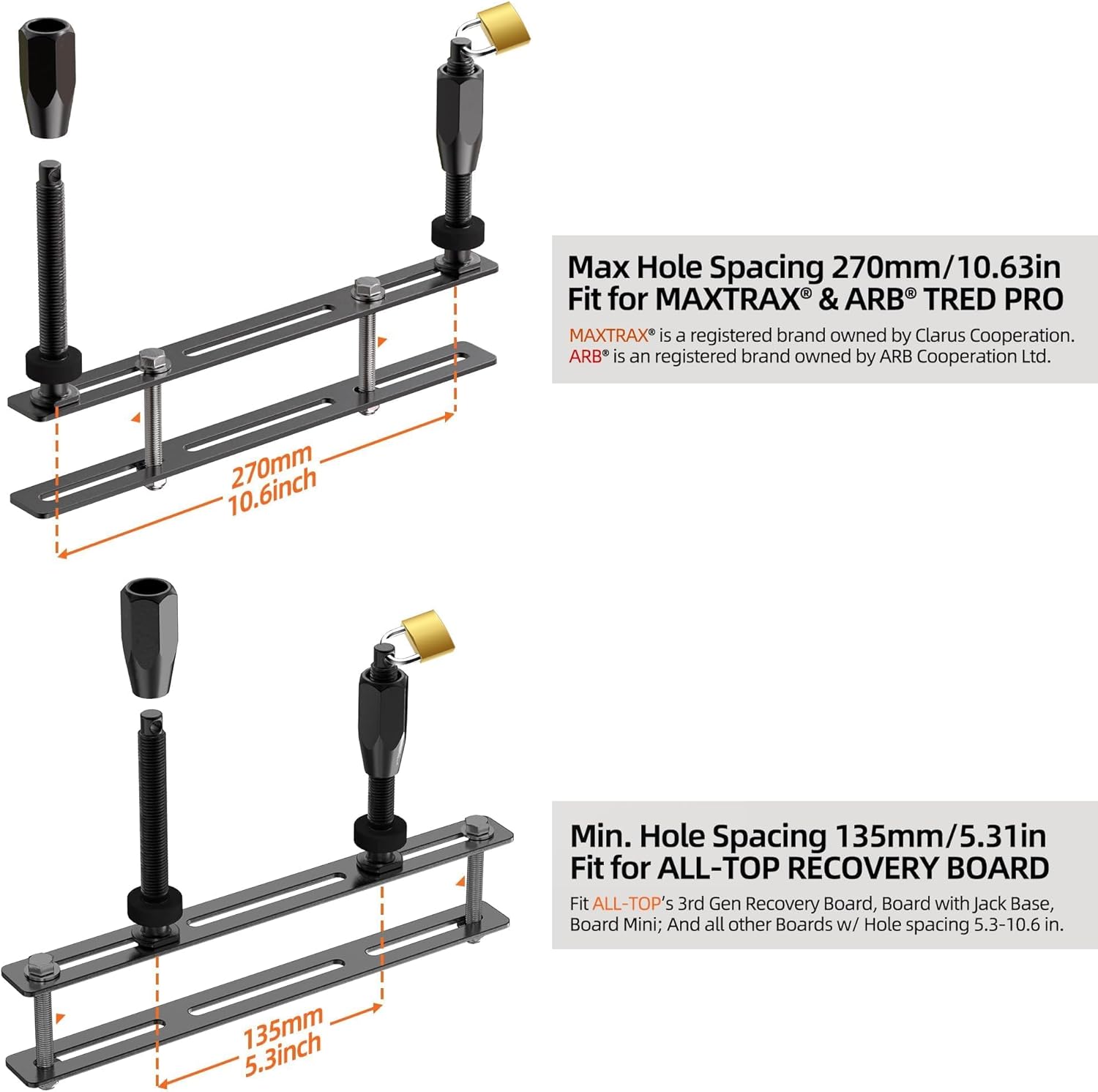 ALL-TOP Recovery Board Mount Kit, Universal Bracket for Traction Tracks, Adjustable DIY Lockable Pin Set for Roof Rack, Crossbar & Cargo Basket