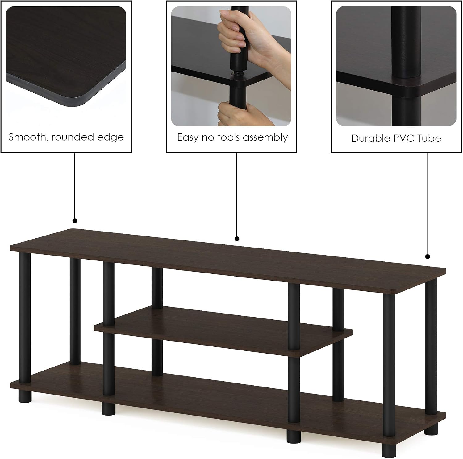 Furinno Turn-N-Tube No Tools 3D 3-Tier Entertainment TV Stand up to 50 inch TV, Round Tubes, French Oak Grey/Black | for TV up to 50 Inch, Open Frame Rectangular Entertainment Center with Storage Shelf, TV Console, for Living Room, Bedroom