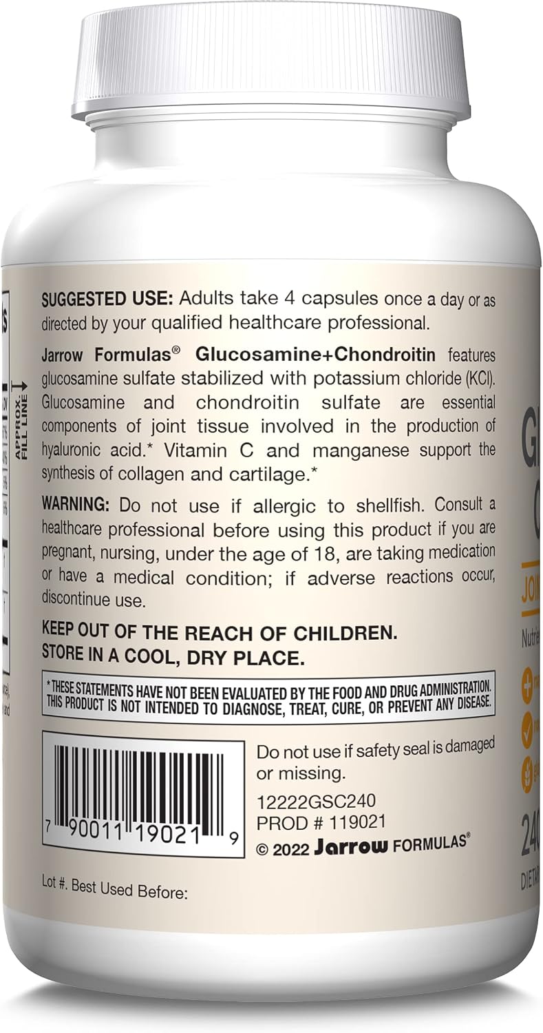 Jarrow Glucosamine + Chondroitin, Nutrient Support, 240 Capsules | Glucosamine Chondroitin Capsules, Dietary Supplement To Support Joint Health With Vitamin C & Manganese, 60 Servings