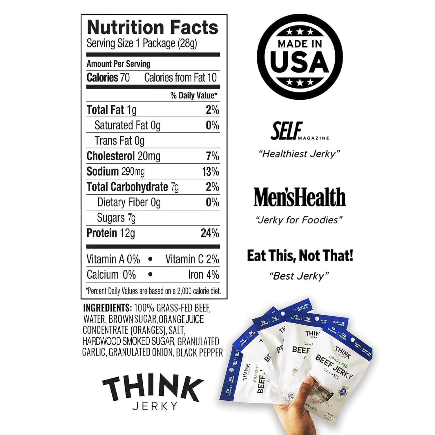 Think Jerky Sesame Teriyaki Beef Jerky, Grass-Fed High Protein Beef Jerky, Gluten Free, No Antibiotics or Nitrates, Healthy Chef Crafted Recipe, Low Calorie and Low Fat - 2.2 oz Bags, 4 Pack