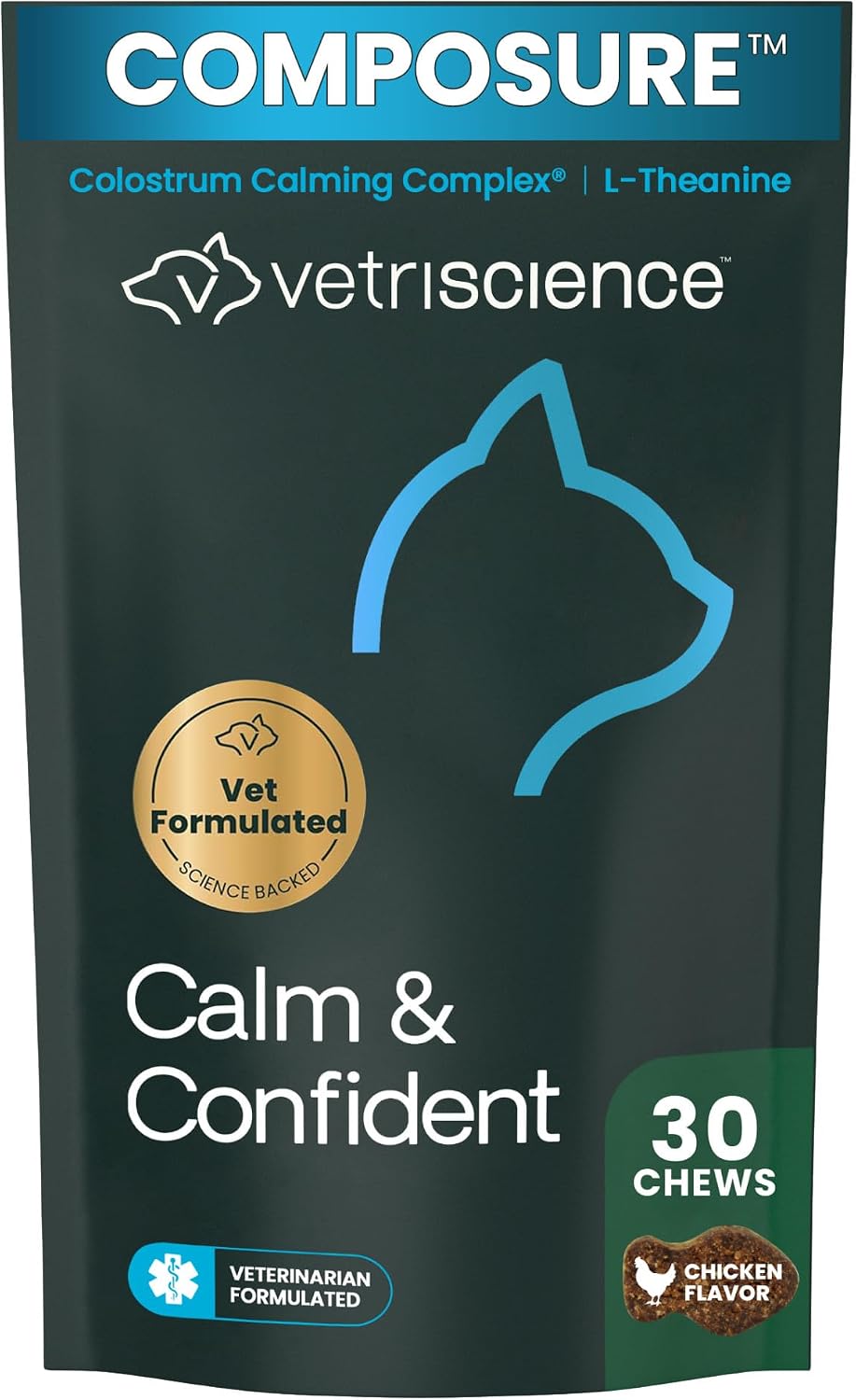 VetriScience Composure Calming Chews for Cats – Supports Relaxation & Balanced Behavior During Travel & Vet Visits, Daily Stress & Anxiety Support Supplement, Chicken Flavor, 30 Count