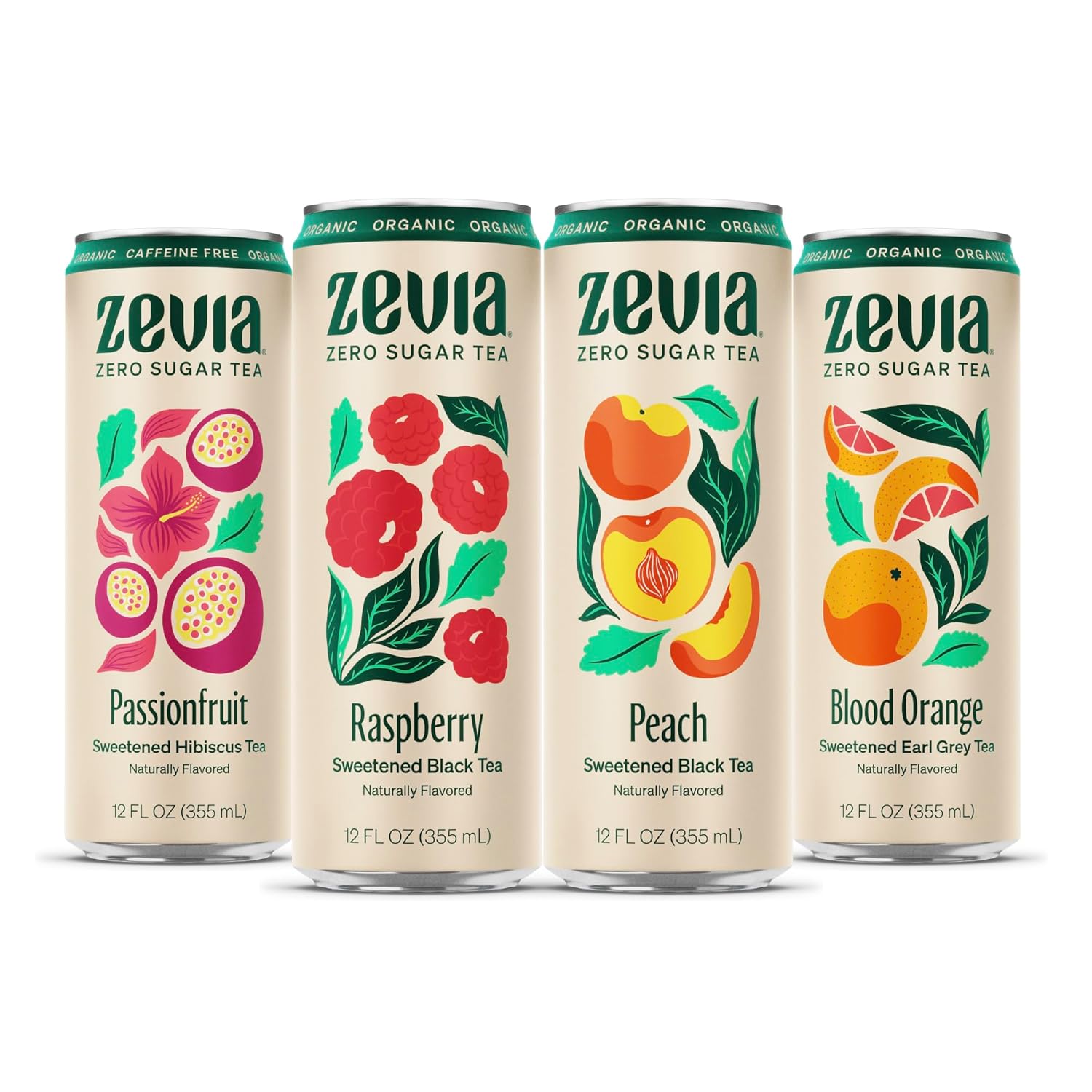 Zevia Zero Sugar Tea, Hibiscus Tea with Passionfruit Caffeine Free, 12 oz Cans (12-Pack) – Naturally Sweetened, Zero Calorie Sugar Free - Non-GMO Project Verified, Gluten-Free, Vegan