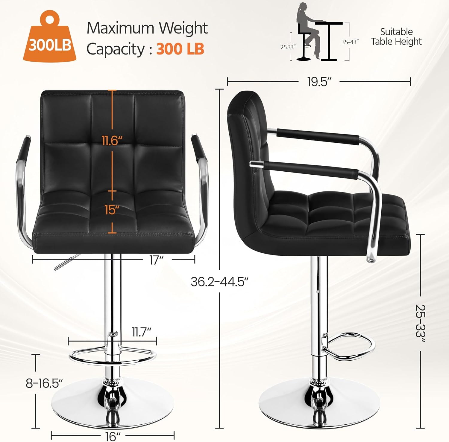 Yaheetech Bar Stools Set of 2, Swivel with Backs, Adjustable Height, White | 360° Swivel Barstools Feature Padded PU Leather Seats, Supportive Backs, 300 lb Capacity for Kitchen Islands