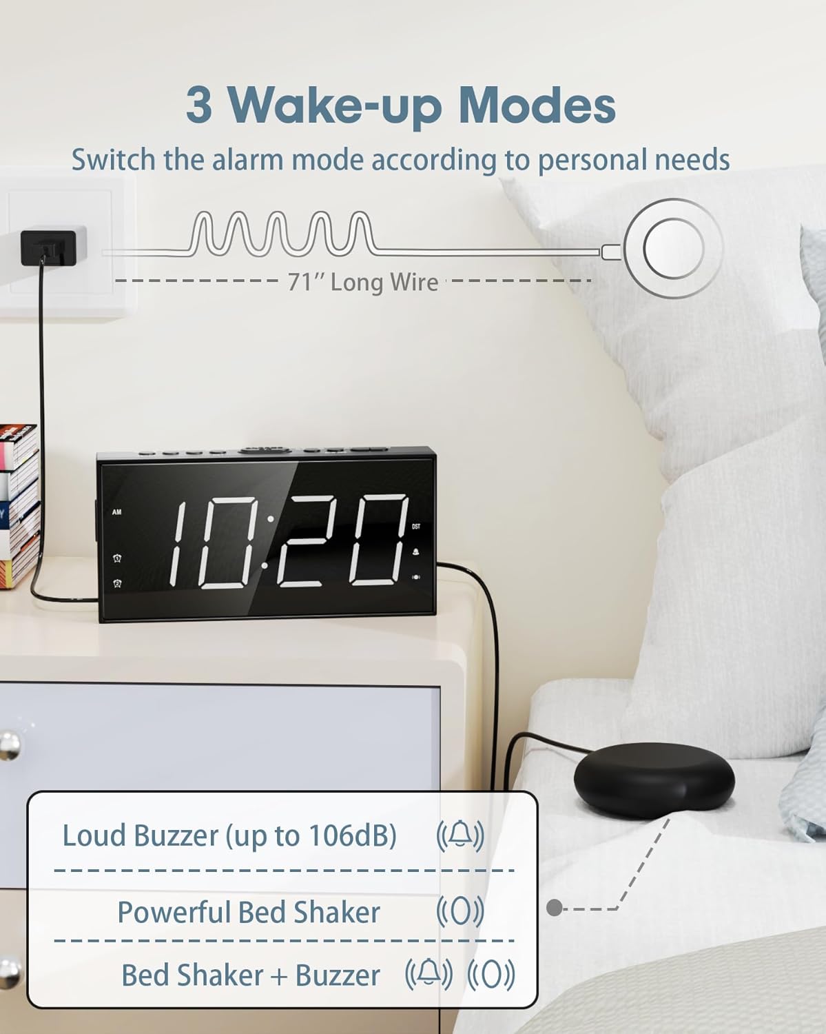 Alarm Clock with Bed Shaker, Vibrating Alarm Clock for Heavy Sleepers