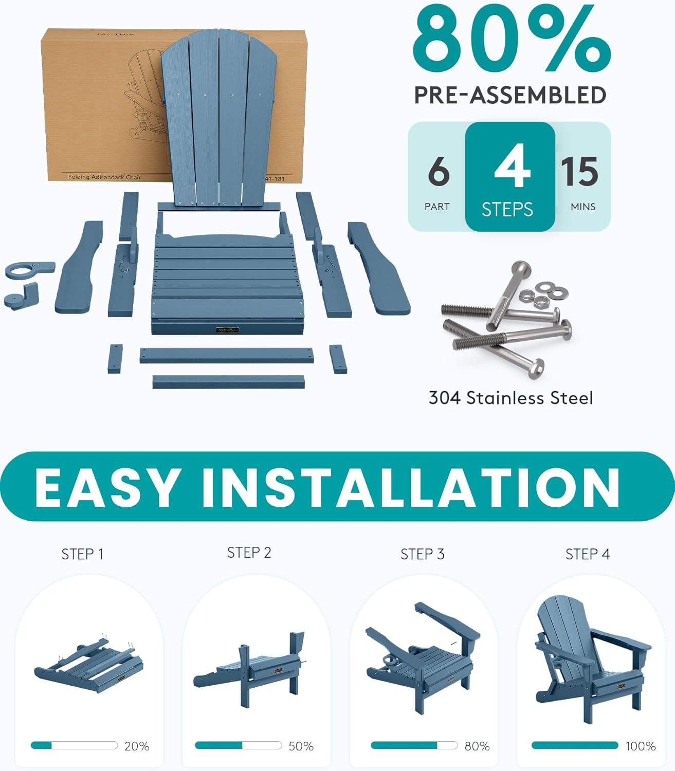 SERWALL Folding Adirondack Chairs with Cup Holder, Outdoor Fire Pit - Blue