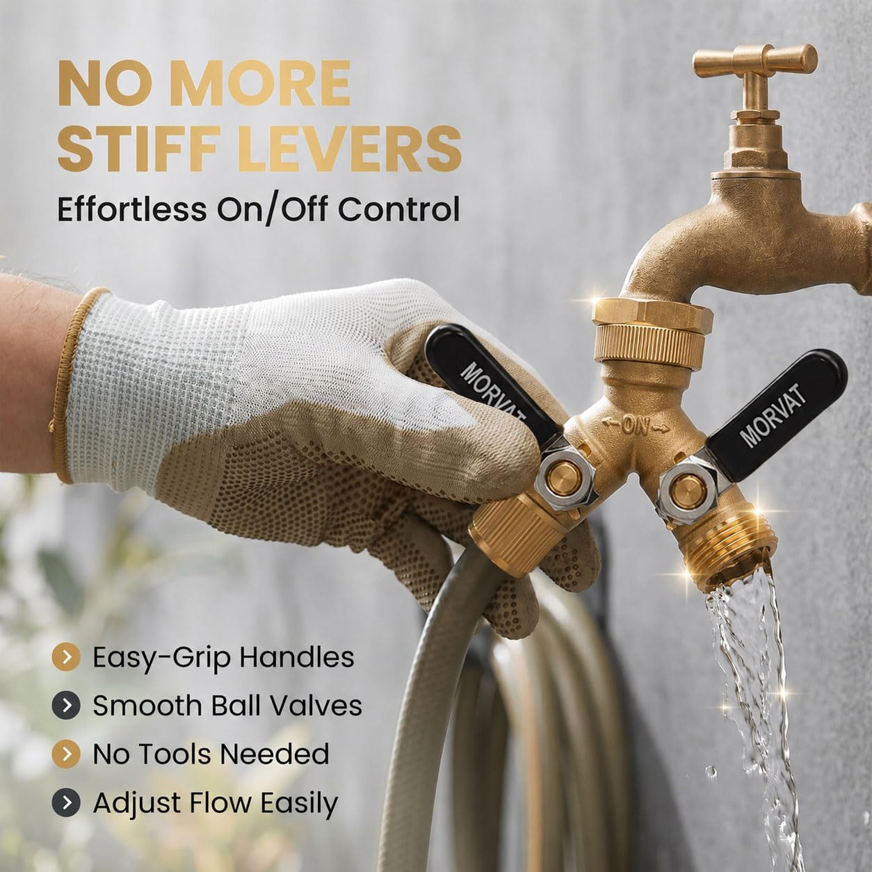 Brass Heavy-Duty Garden Hose Water Splitter | LEAD-FREE 2-Way Y Splitter for Water Spigot & Faucet | Manifold Connector ON/OFF Valves w/Improved Comfort Grip, 3 Extra Washers & Teflon Tape