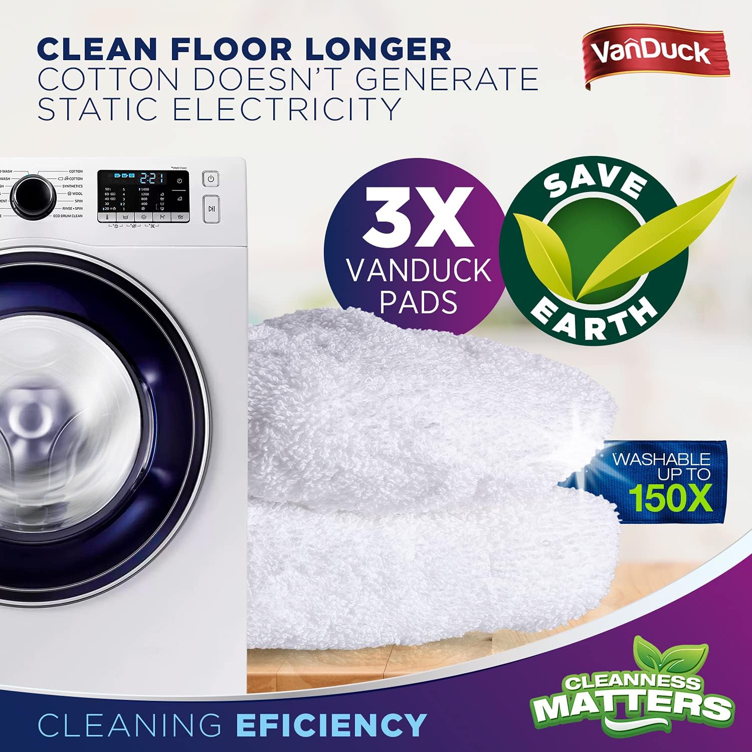 VanDuck 100% Cotton Terry Mop Pads 15x8 Inches, 3-Pack (Mop Not Included) | Reusable terry cloth mop covers, cotton replacement pads