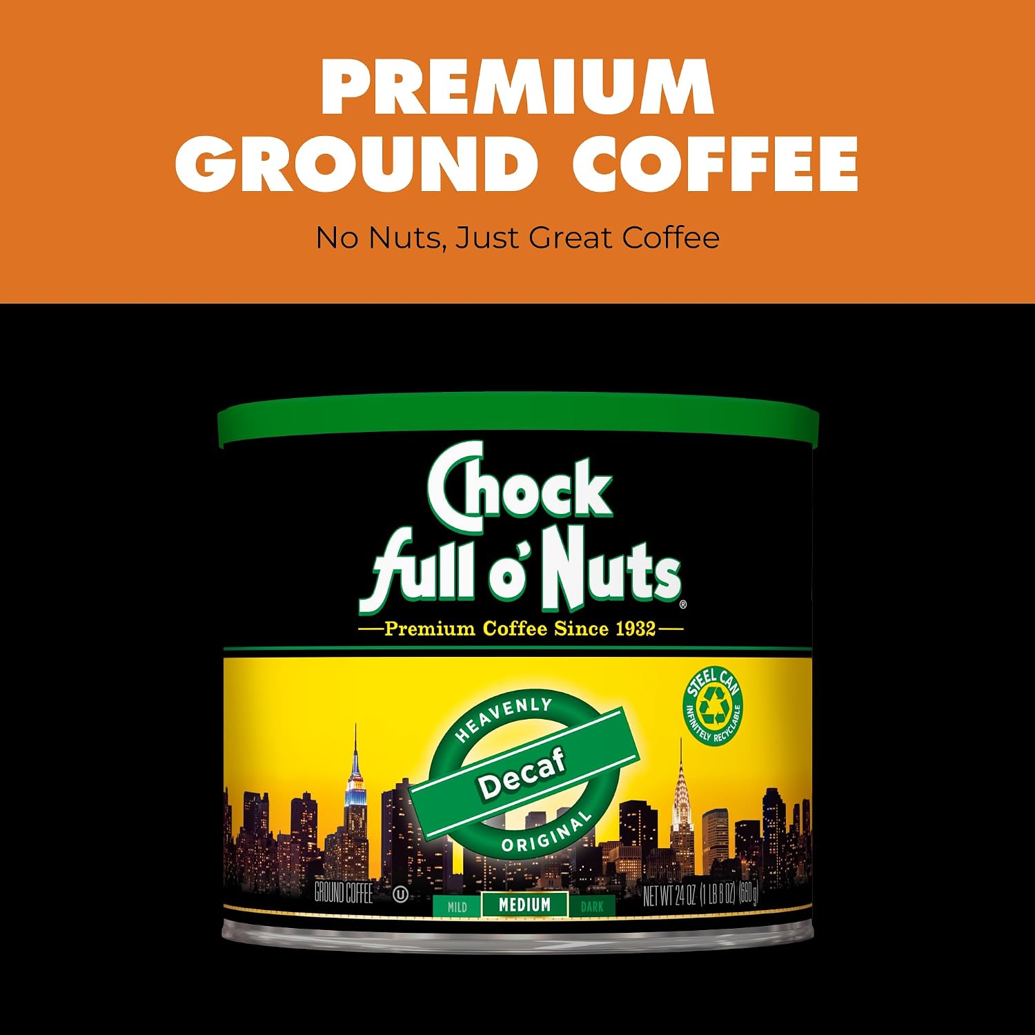 Chock Full o' Nuts French Roast Ground Coffee – Premium Beans in Recyclable Steel Can – Rich Flavor & Aroma, Dark Roast – Perfect for Drip, Pour-Over, Percolator – 26 Oz Can