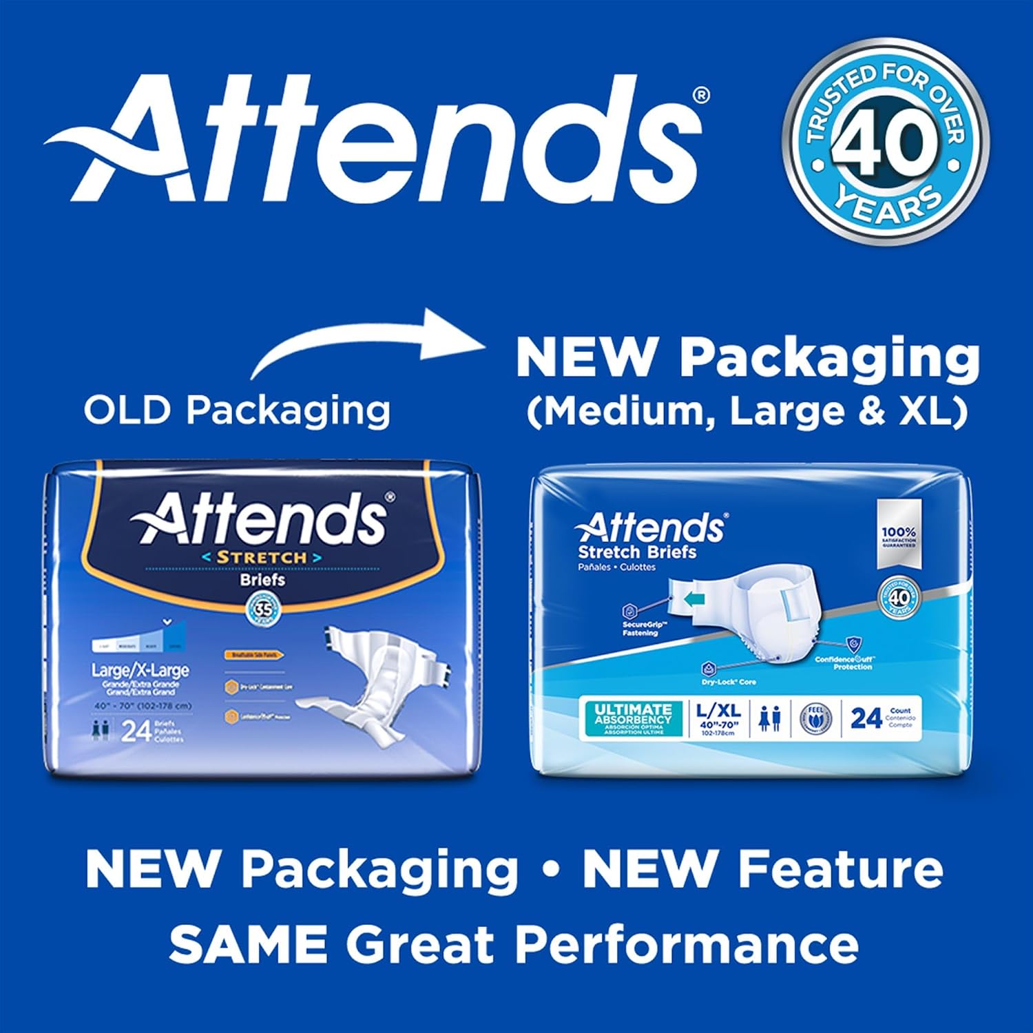 Attends Stretch Adult Incontinence Disposable Briefs, Large/X-Large, 40"-70" Waist with SecureGrip Tab Closure, Ultimate Absorbency with Dry-Lock Containment Core and Breathable Side Panels, 96ct Case