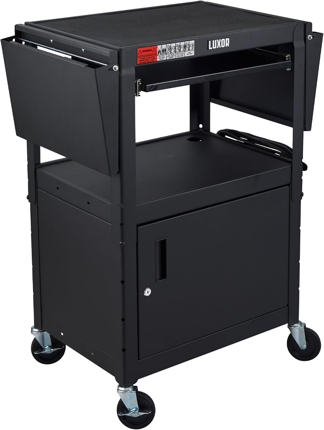 Line Leader AV Cart w/Locking Cabinet, Black Metal Utility Cart with Storage Shelf - Height Adjustable, Mobile and Great for Offices, Classrooms, Libraries (Black, 24in x 18in)