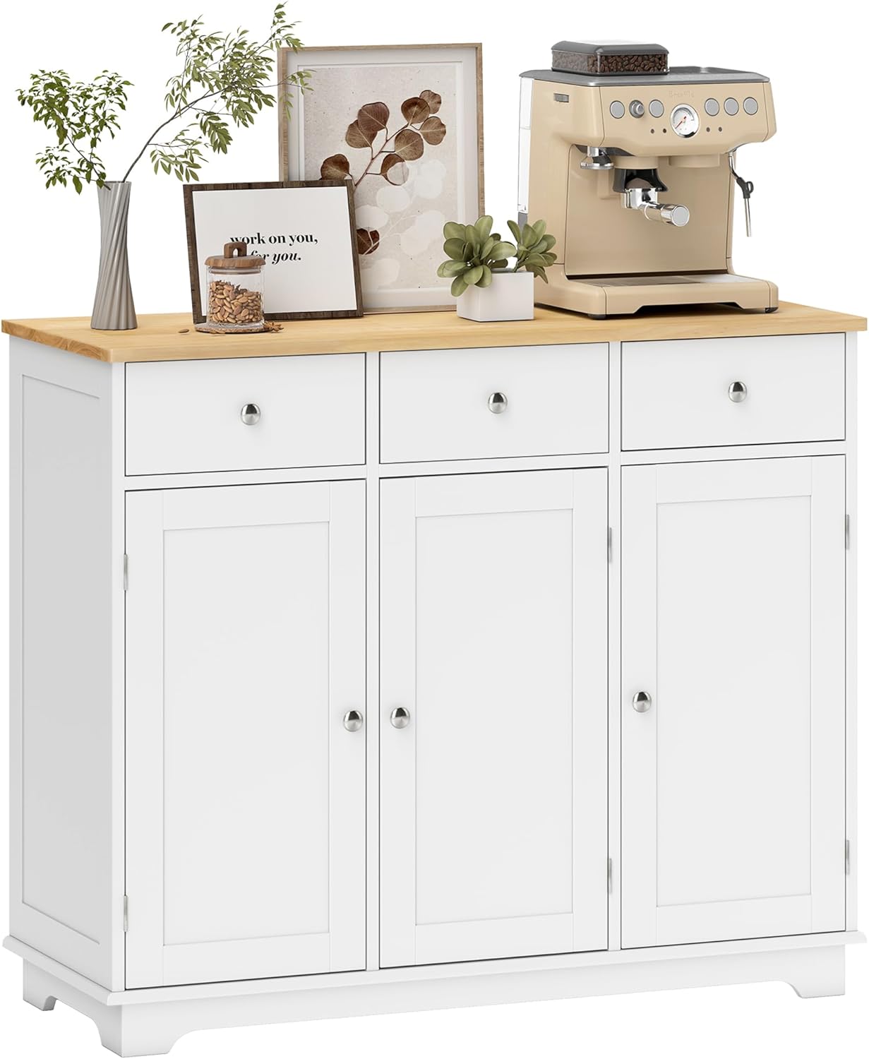 HOMCOM Sideboard Buffet Cabinet Solid Wood Countertop White