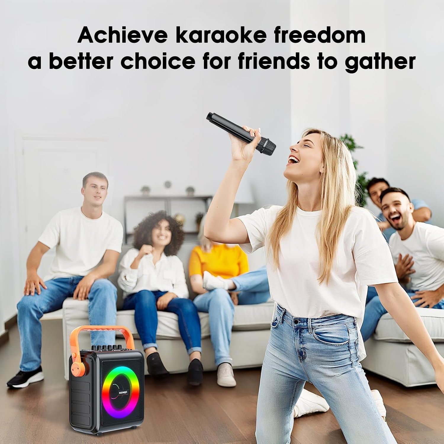 Karaoke Machine with 2 Wireless Microphones for Adults & Kids, 8000mAh Portable Bluetooth Speaker PA System with Lights, Supports AUX in/TF Card/FM/REC, Microphone Speaker Set for Home Party, Outdoor