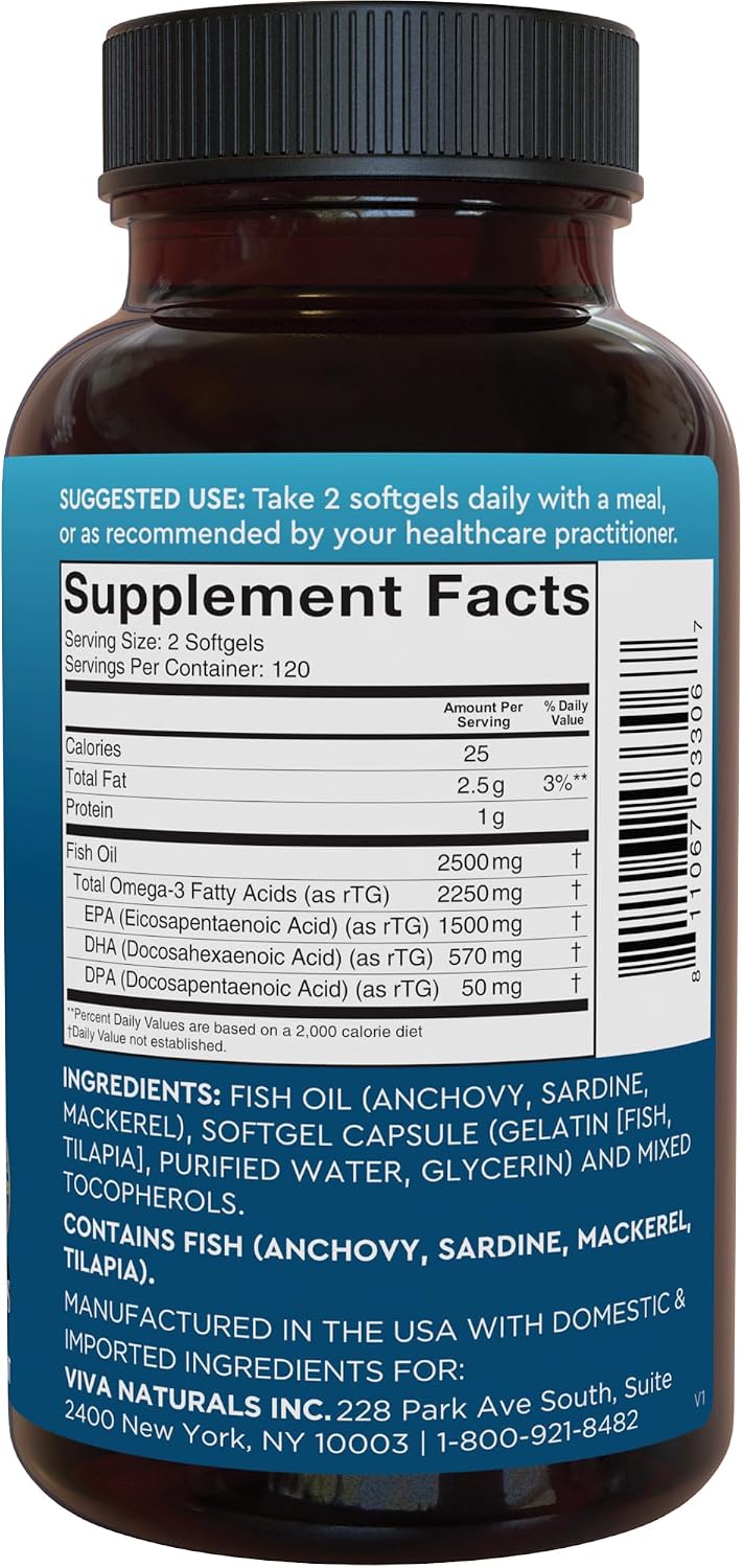 Viva Naturals Triple Strength Omega 3 Fish Oil Pills – 2500 mg High-Potency Formula with 2250 mg Omega 3 Fatty Acids (Including EPA, DHA, DPA) in rTG Form for Absorption – IFOS Certified, 90 Softgels