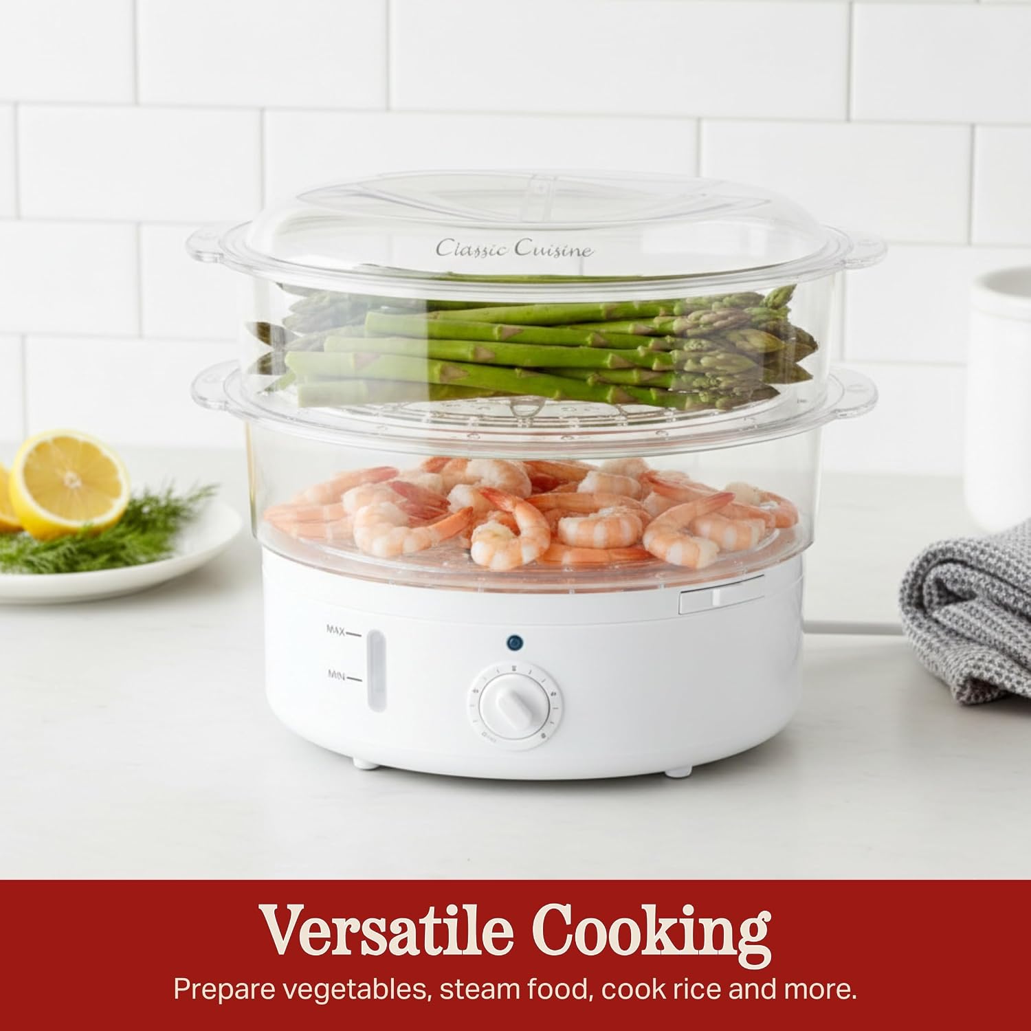Classic Cuisine 2-Tier Vegetable Steamer and Rice Cooker, 120V 60Hz 800W | 6.3 Quart Electric Steamer for Cooking Healthy Fish, Eggs, Vegetables, Rice