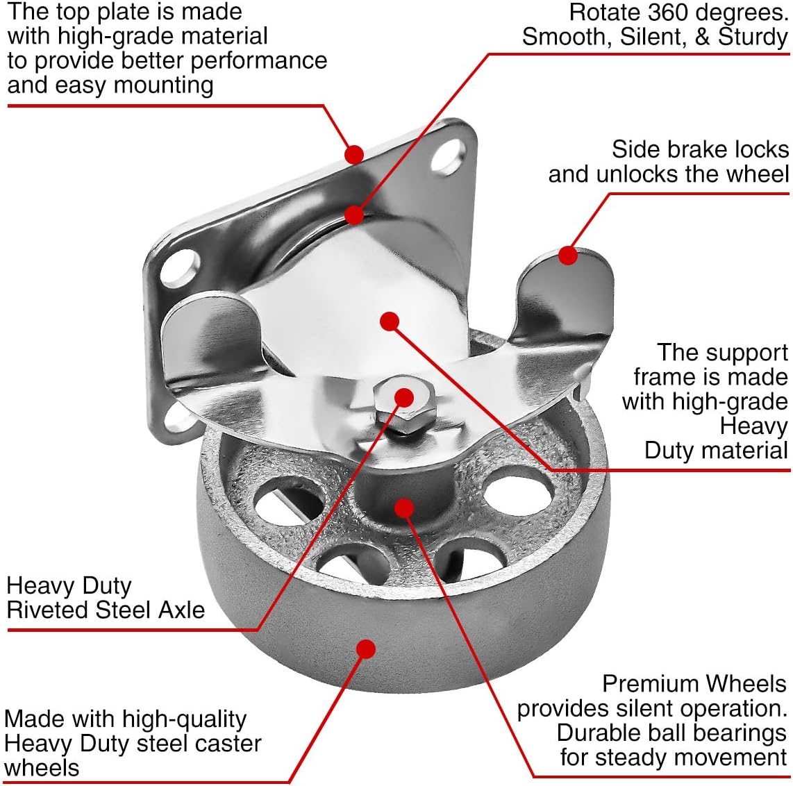 4 All Steel Swivel Plate Caster Wheels w Brake Lock Heavy Duty High-Gauge Steel Gray (3" Combo)
