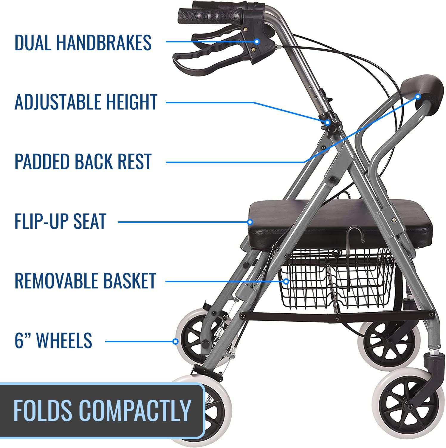 DMI Ultra Lightweight Folding Aluminum Hemi Rollator with Padded Seat, Basket and Adjustable Handle Height, Mobility Walker, Easily Fords