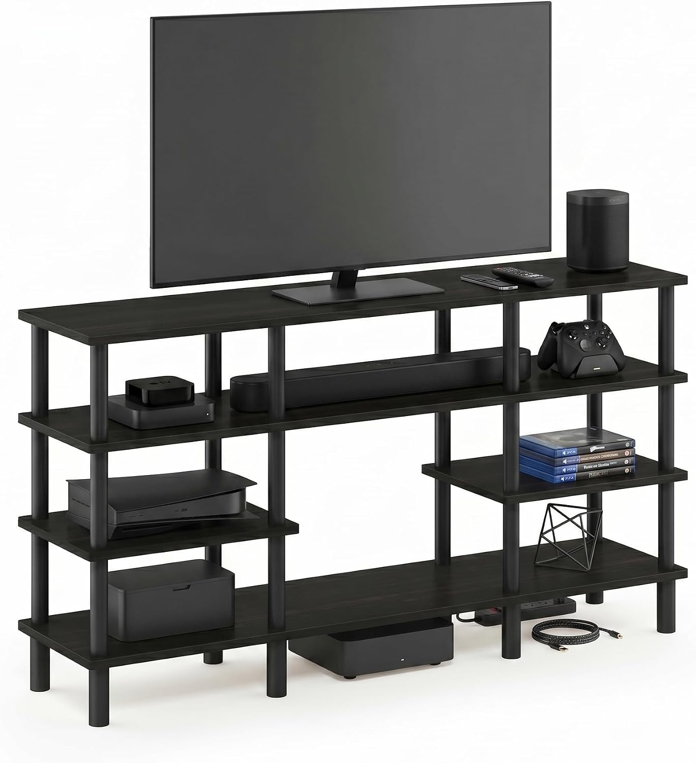 Furinno Nelly TV Stand, 3-Tier Entertainment Center with Open Shelves Storage, TV Console for TV up to 55 Inch, Soft Edges, for Living Room, Bedroom, Black