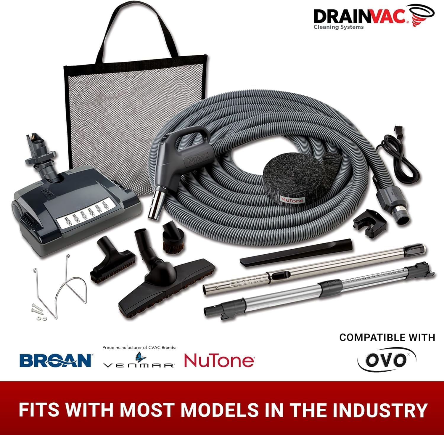 Broan NuTone by Drainvac 30FT Central Vacuum Hose for Electric Powerhead Brush – Crushproof Kink-Resistant Hose and 3-Position On/Off Switch –