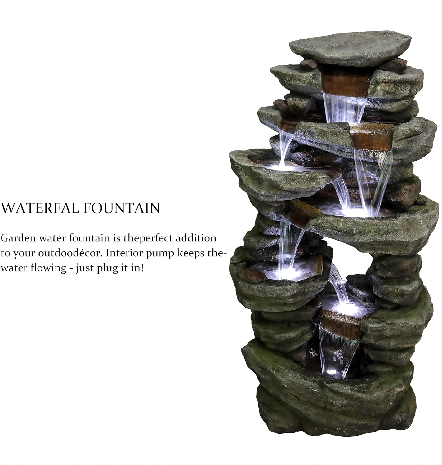SunJet 40.5” High Rocks Outdoor Water Fountain - 6-Tiers Cascading Waterfall with LED Lights, Soothing Tranquility for Home Garden, Yard Decor
