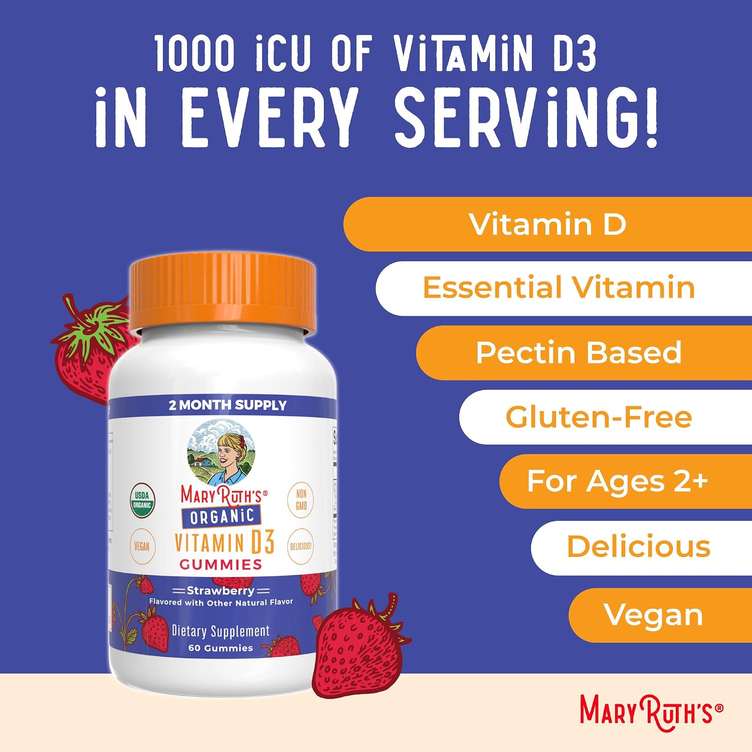 MARYRUTH'S Vitamin D3 Gummies, Adults & Kids Vitamin D, 60 Servings, Vegan | 2 Month Supply, Immune Support Supplement, 1000IU for Bone Health & Muscle Function, Vegan, Non-GMO, Gluten Free, 60 Count