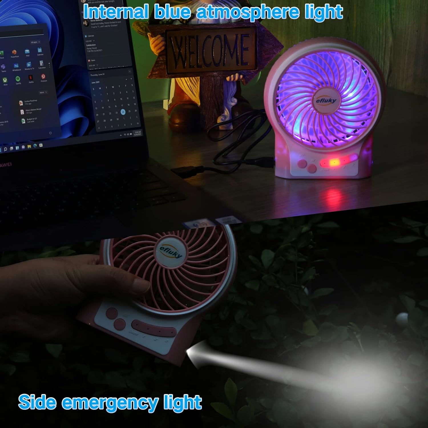 efluky 4.9-Inch Mini Desk Fan - 3 Speeds, Rechargeable Battery/USB Powered with LED Light, Quiet Portable Fan for Home, Office, Travel, Camping (Black)