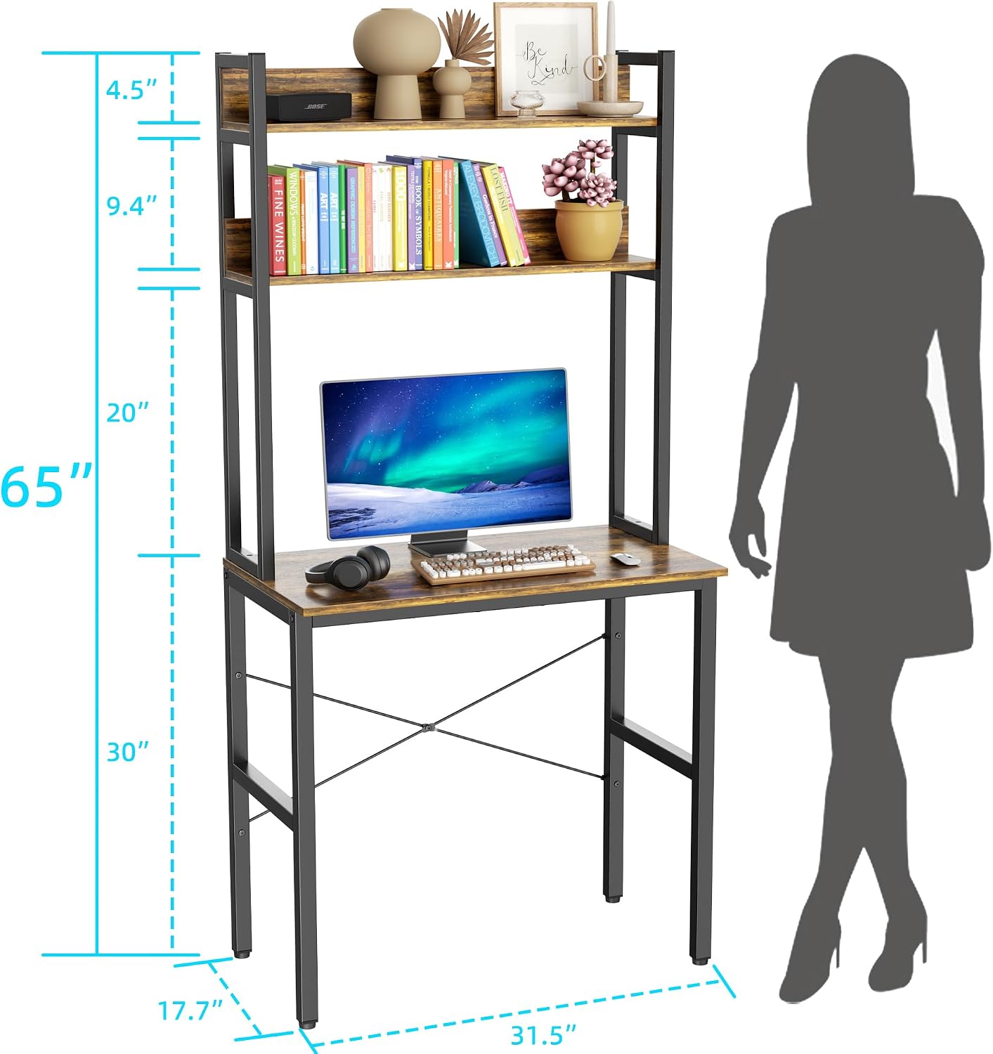 Aquzee Computer Desk with Shelves, 47" W x 23.6" D Gaming Desk with Hutch and Bookshelf