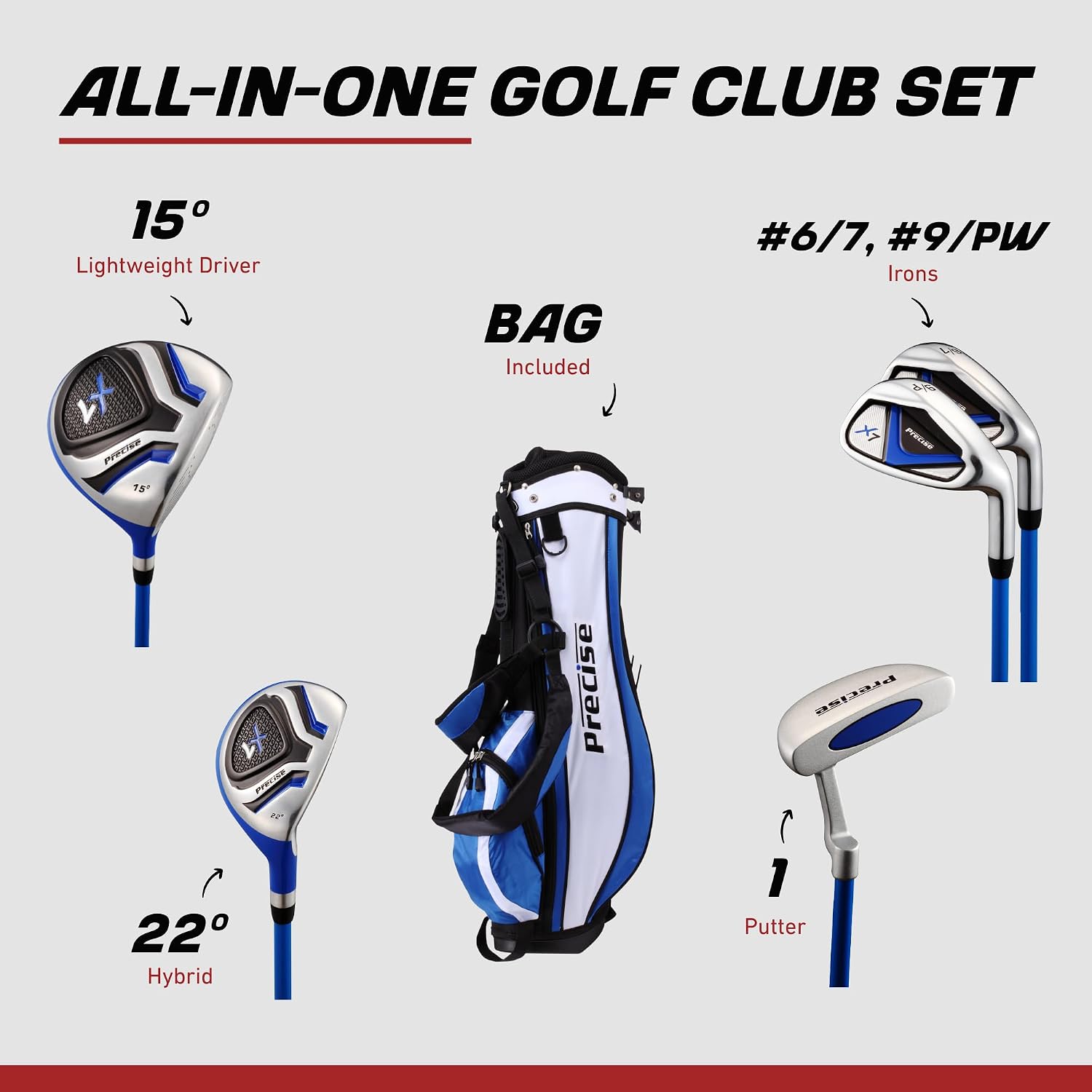 Precise - Kids Golf Club Set | Lightweight graphite shafts, hybrid & irons, putter, stand bag included, for boys and girls, ages 3-12, left/right hand