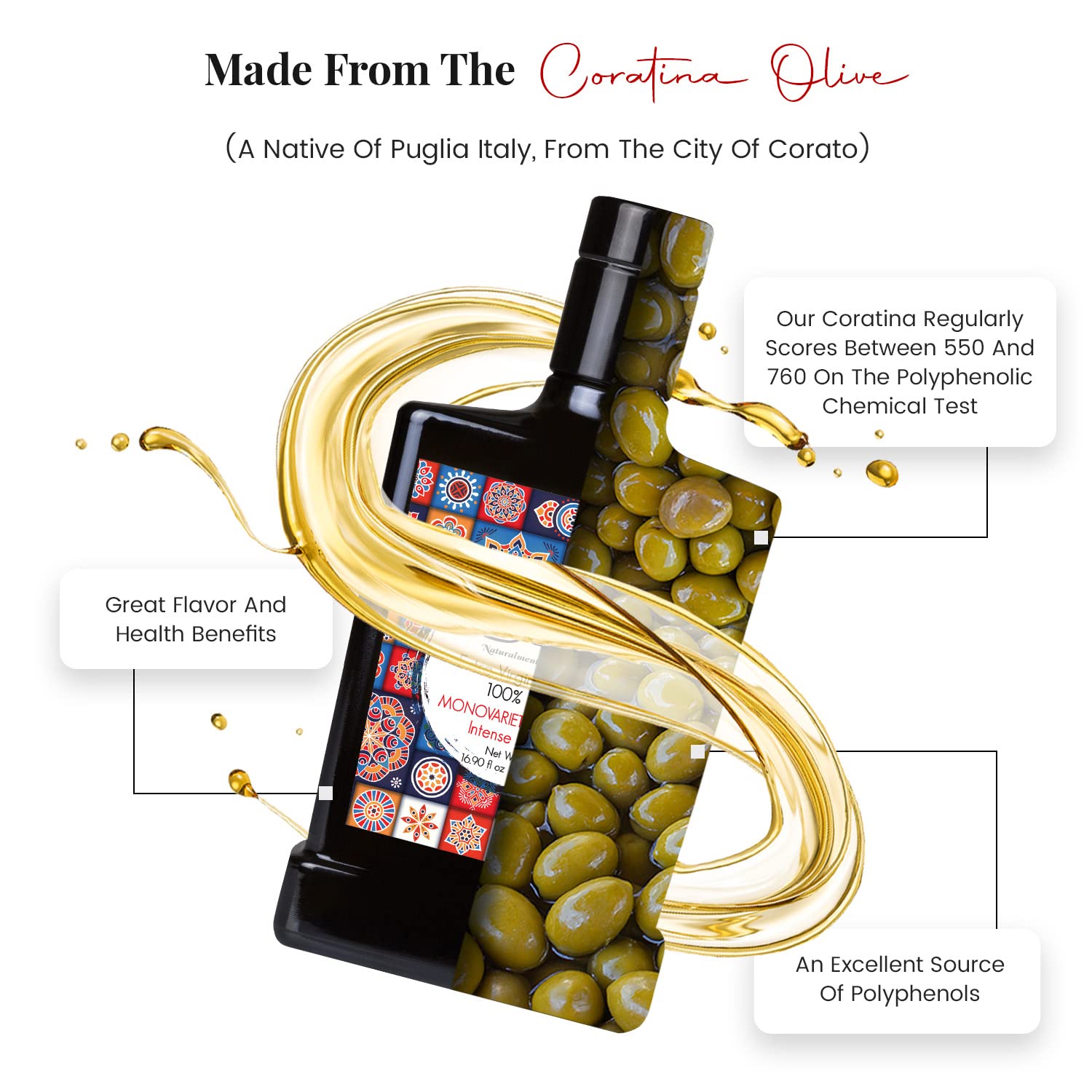Oilala Extra Virgin Olive Oil, Coratina, High Polyphenols 765 mg/kg, High Hydroxytyrosol, Great For phenolic Shot, Drinking, Oleocanthal Rich Robust, Puglia Italy, Italian family farm, Single Source, Gold Medal NYIOOC (16.9 FL Oz)