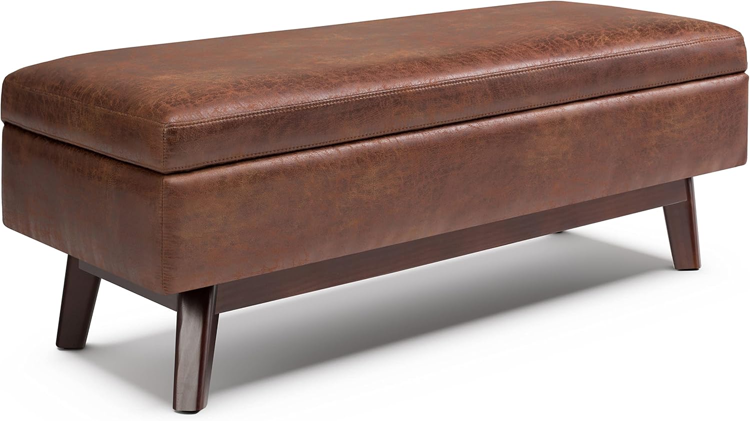 SIMPLIHOME Owen 34" Wide Vegan Leather Lift Top Ottoman in Dark Blue