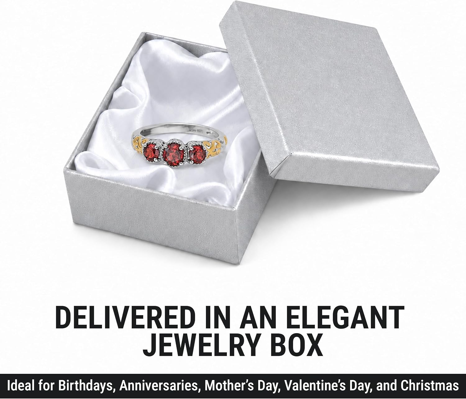 3 Stone Garnet Ring Silver with 14K Gold Plating January Birthstone Ring