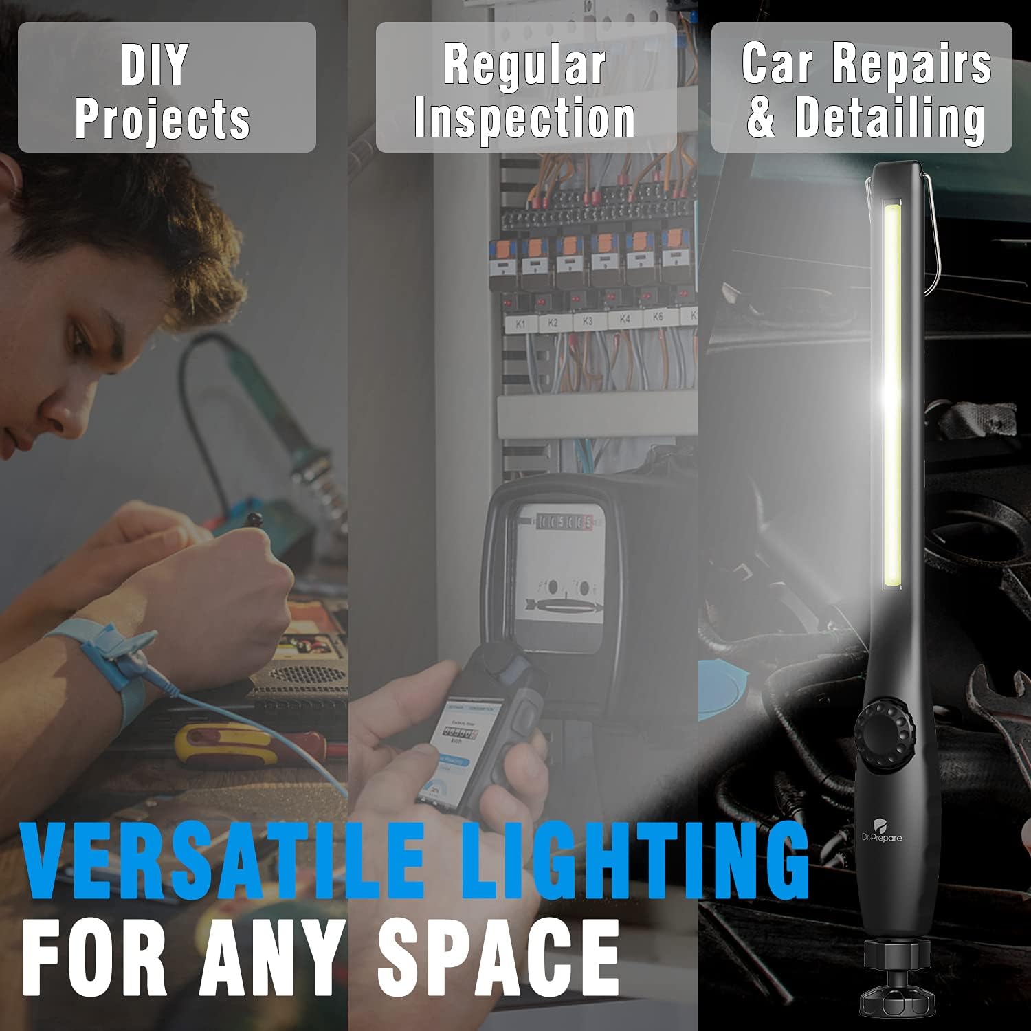 Dr. Prepare LED Work Light, 700 Lumens Rechargeable Work Lights, Cordless Portable Magnetic COB LED Work Light, Inspection Light for Car Repair, Home, Garage, Emergency