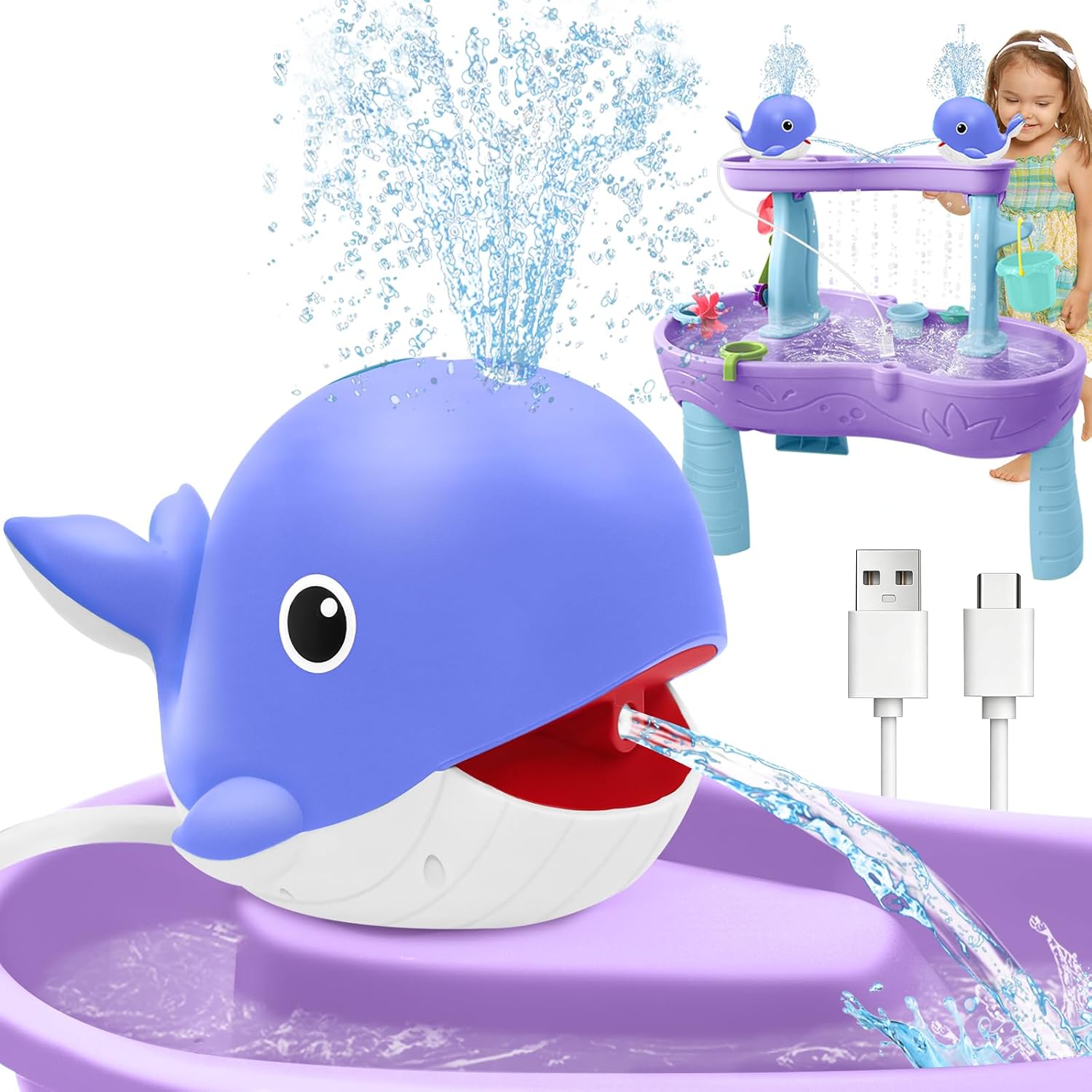 Infowush Water Table Pump, Rechargeable Water Pump for Water Table, Blue | Whale Pump with Sprinkler, 3.5 Hours Non-Stop Fun, Summer Outdoor Water Toys, Outside Water Play Table Accessories for Kids