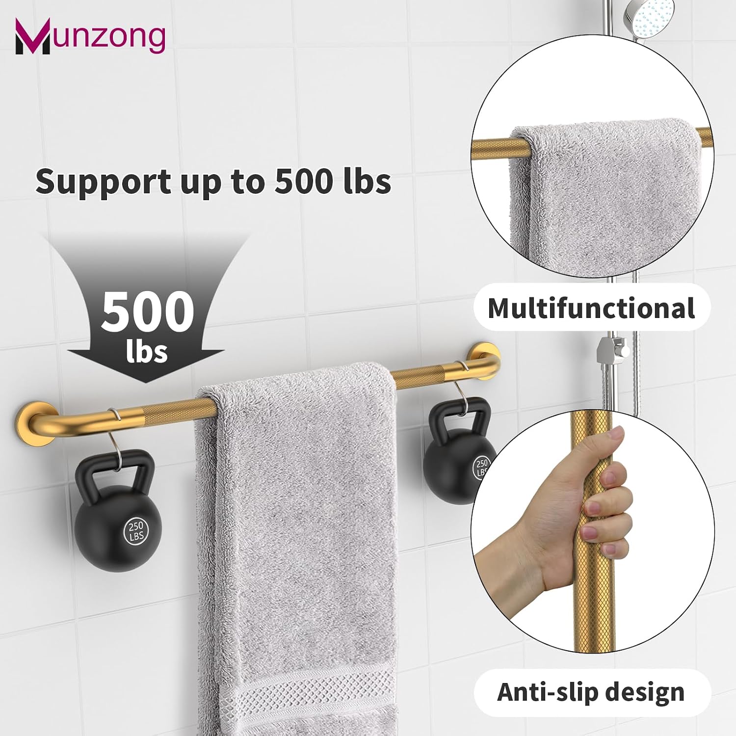 Munzong 3 Pack Commercial Handicap Grab Bars 18" 36" 42" Brushed Nickel | Bathroom Grab Bar for Shower 1.25" Diameter Anti Slip Bathroom Balance Bar Safety Hand Rail for Elderly Injury Senior