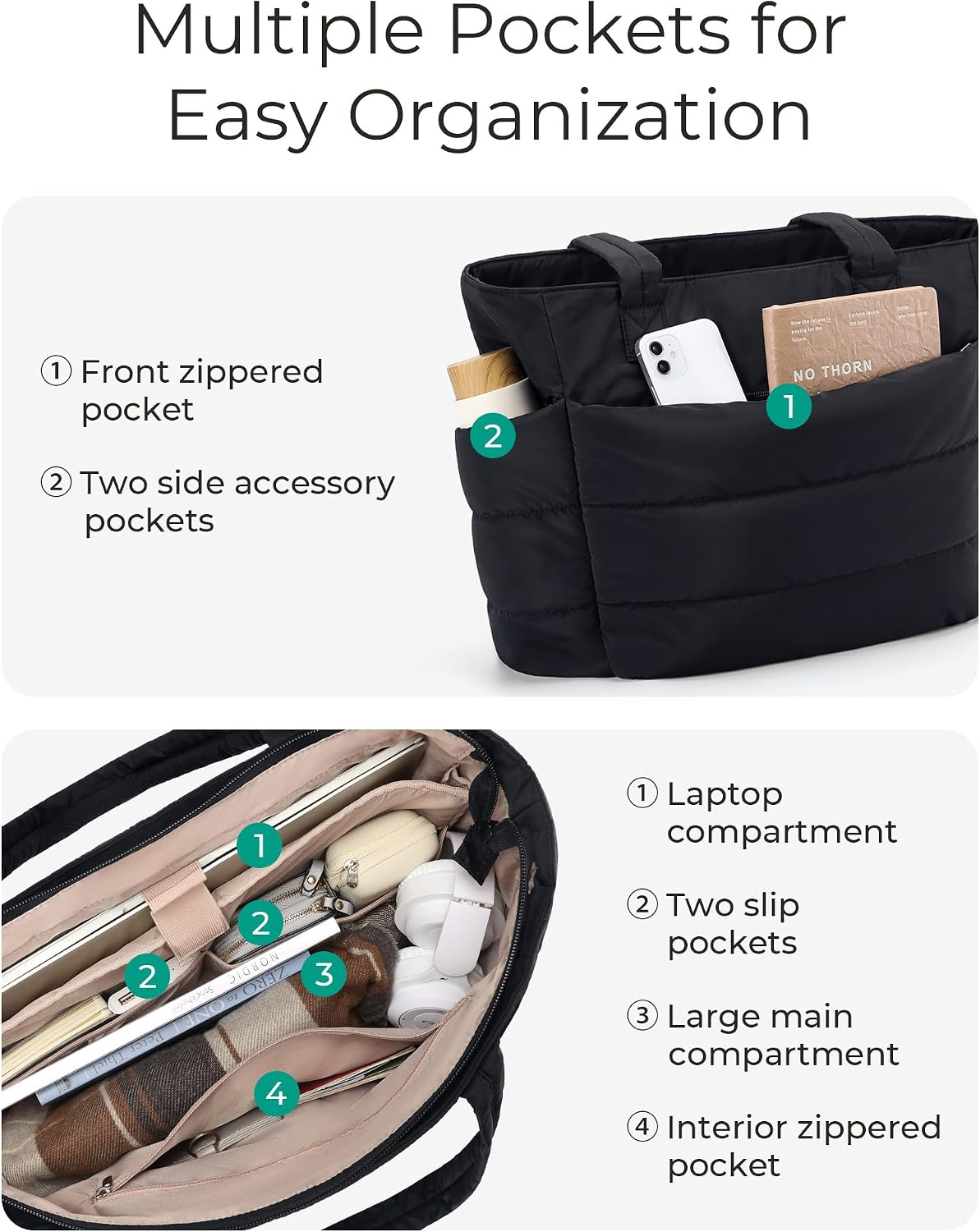 BAGSMART Tote Bag for Women, Lightweight Puffy Tote Bag with Compartments Shoulder Bag Handbag for Travel, Work, Gym | Lightweight
