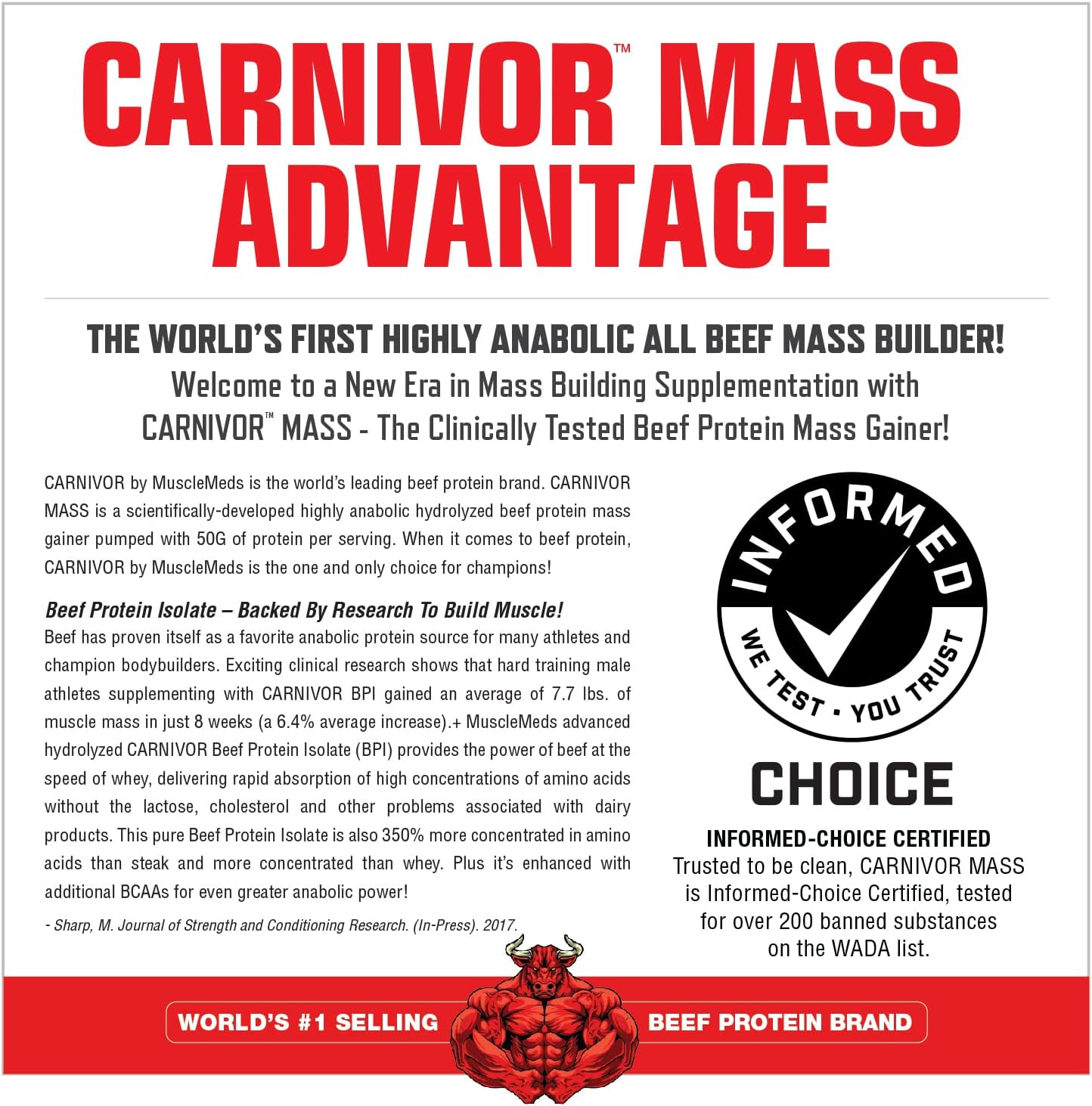 MuscleMeds CARNIVOR Mass Gainer Beef Protein Isolate Shake, 50 Grams Protein, 125 Grams Carbs, 0 Fat, 0 Sugar, Lactose Free, Halal Certified, Chocolate Peanut Butter, 6 Pound