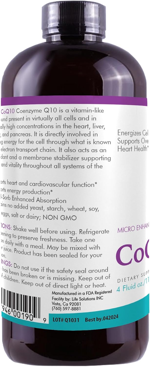Life Solutions Liquid CoQ10 Supplement, 50 mg, 4 oz Bottle | High Absorption, Coenzyme Q10, per Serving, Energy, Heart Health, Antioxidant Support