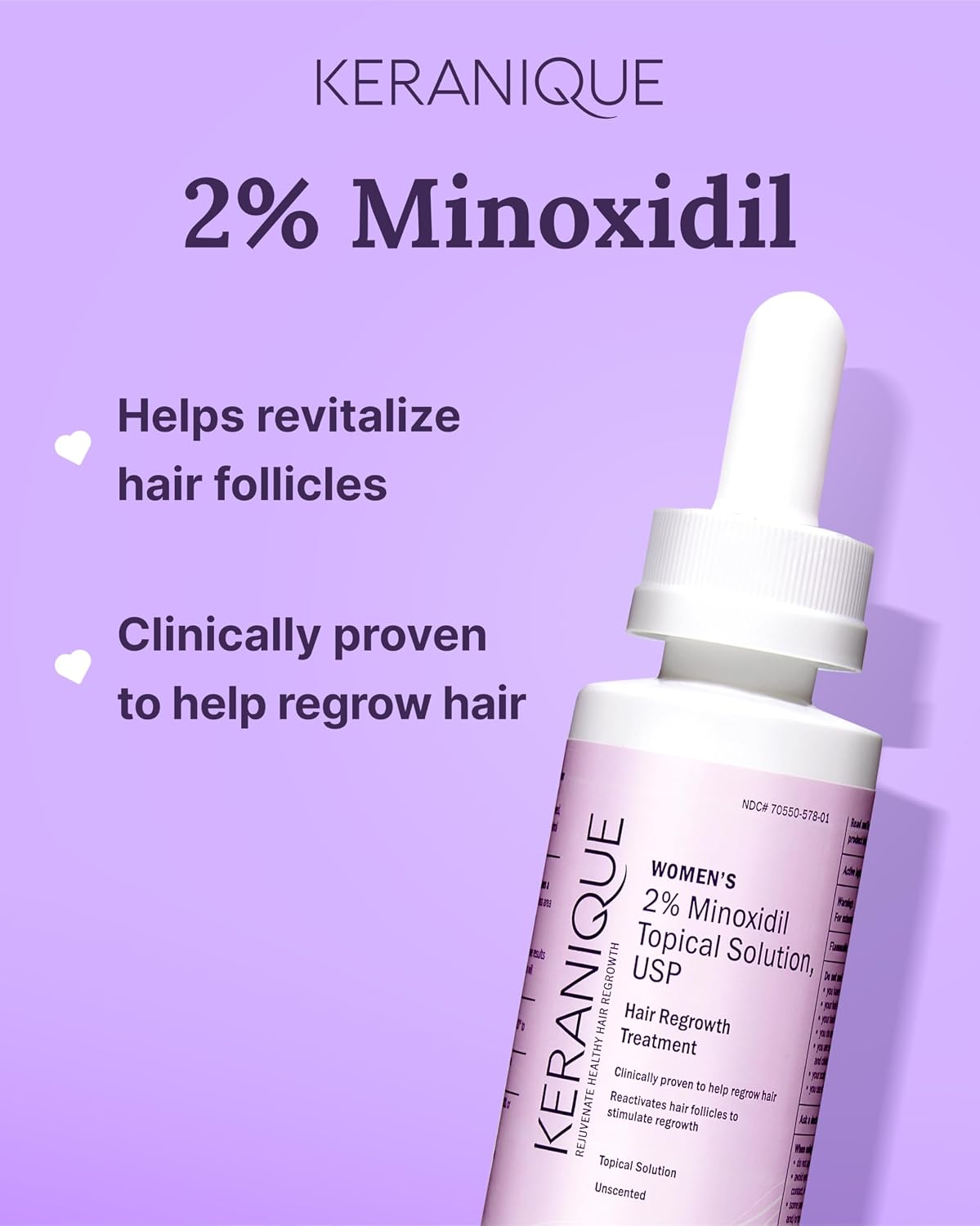 Keranique Hair Regrowth Treatment Dropper – 2% Minoxidil, 2 Fl Oz 30 Day Supply – Regrow Thicker-Looking Hair, Helps Revitalize Hair Follicles