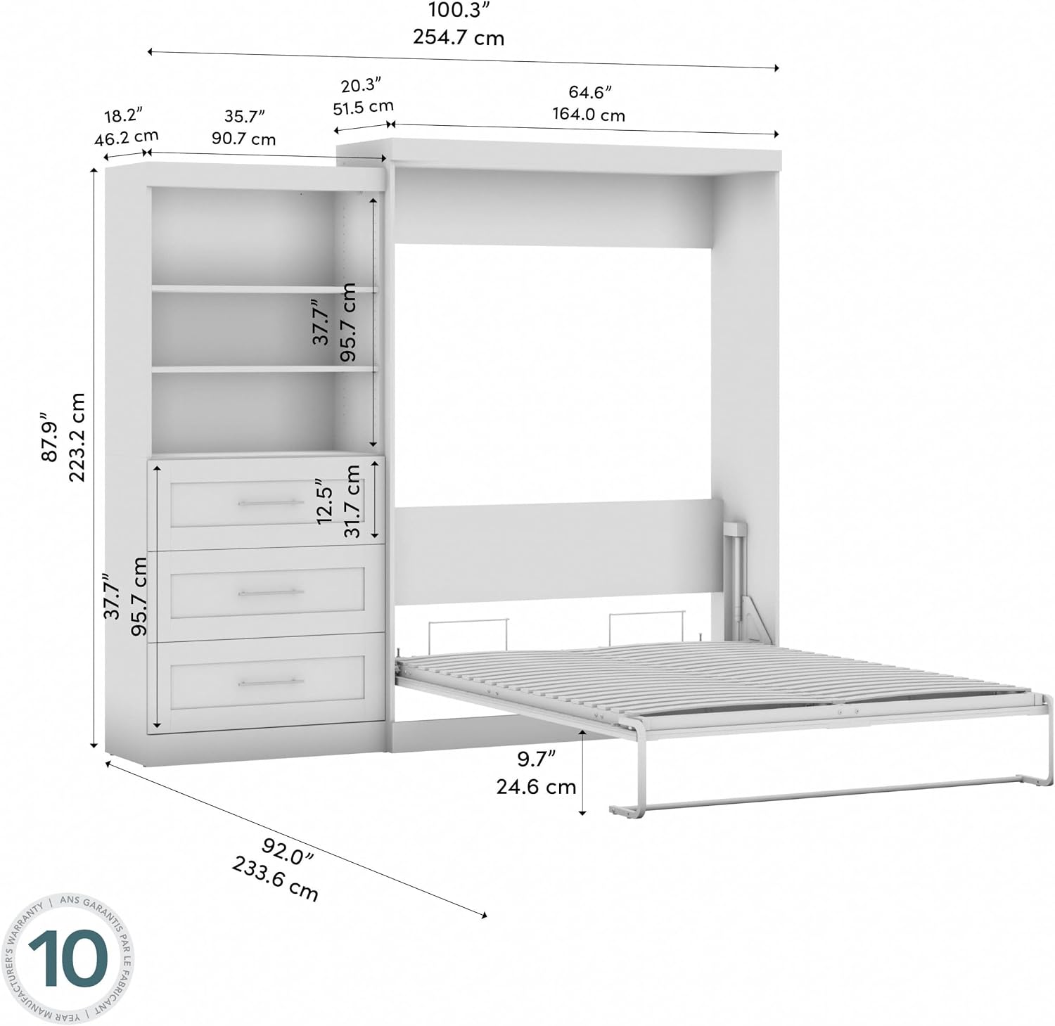 BESTAR Pur Murphy, Space-Saving Wall Bed for Multipurpose Room, Queen, White | Supports up to 1000 lb, min. ceiling height 91.1 in.