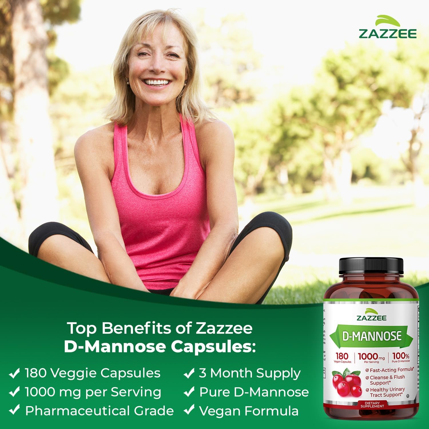 Zazzee D-Mannose, 1000 mg per Serving, 180 Vegan Capsules, 3 Month Supply | Potent & Fast-Acting, Certified Kosher, 100% Pure, All-Natural Urinary Tract Health Support, 100% Vegetarian, Non-GMO