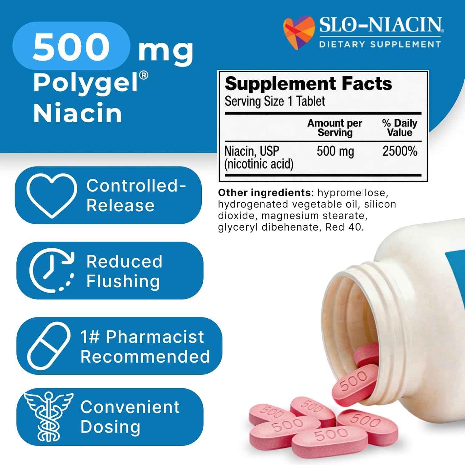 Slo-Niacin Slow Release Niacin 500mg – Vitamin B3 Supplement for Heart Wellness – Flush-Free B3 Vitamins for Cholesterol & Cardiovascular
