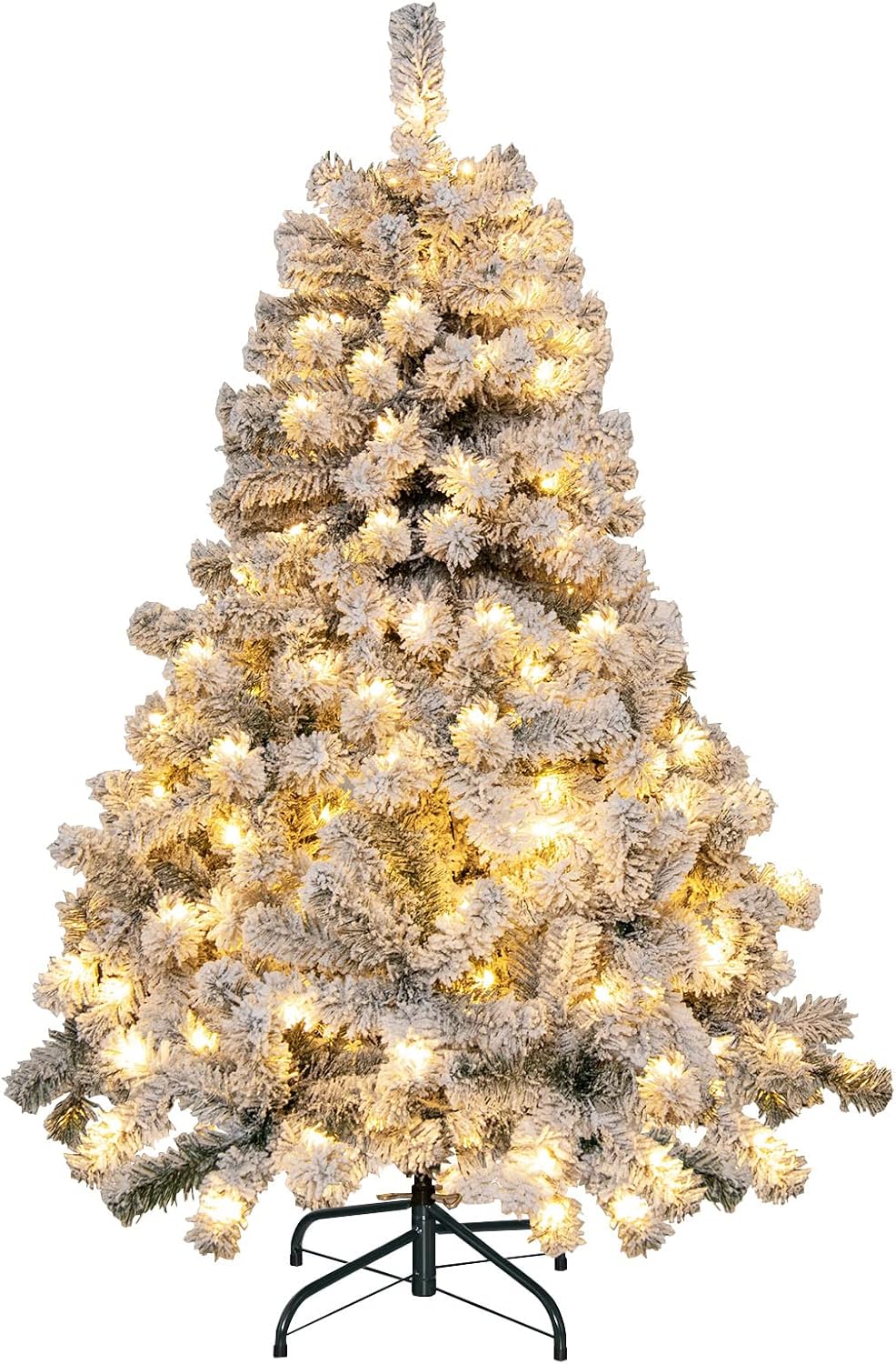 Goplus 7.5ft Pre-Lit Artificial Christmas Tree, Premium PVC Snow Flocked Hinged Pine Tree with Metal Stand and LED Lights