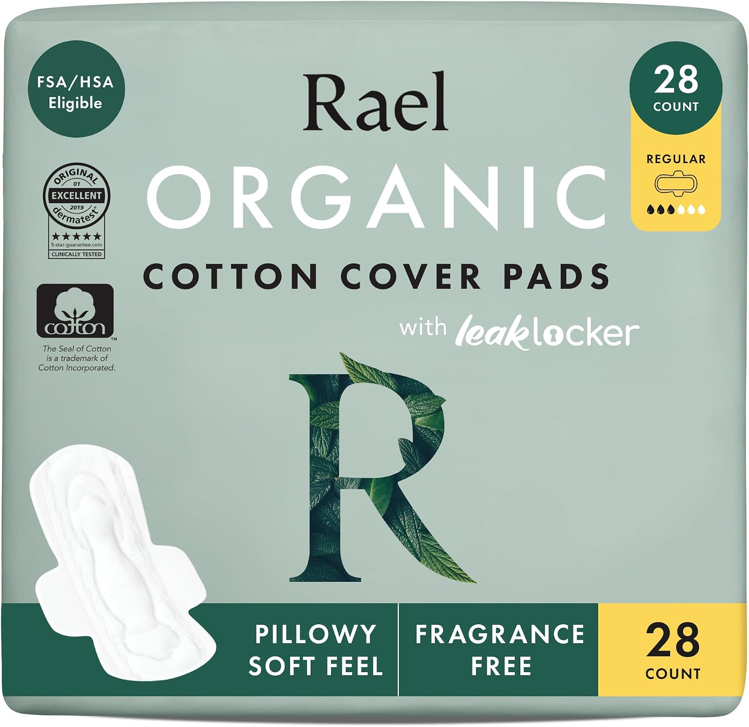 Rael Organic Cotton Cover Sanitary Pads for Women Moderate (Regular, 56 Ct) | Ultra Thin Period Pads with Wings, Regular Absorbency, Unscented, Chlorine Free, Period Essentials, Feminine Care