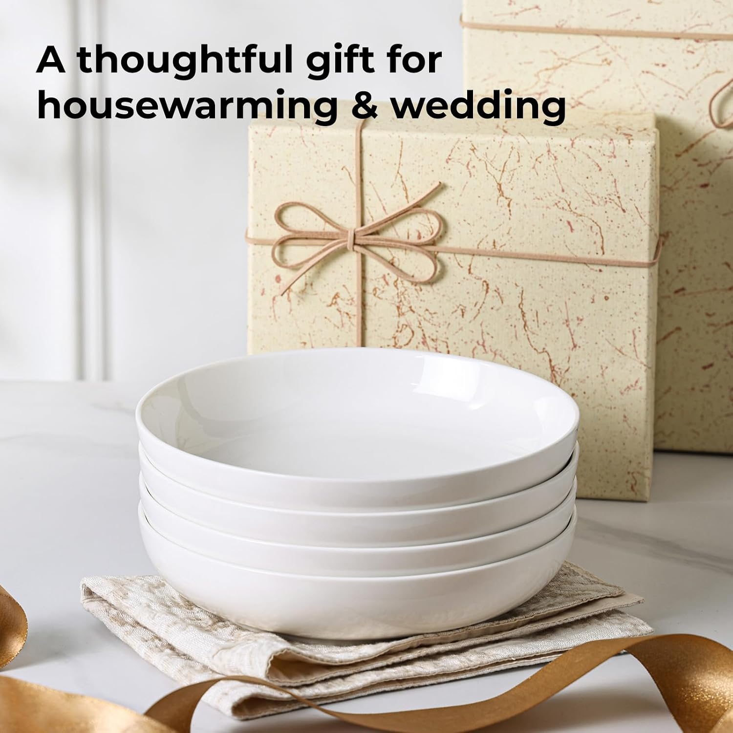 Y YHY 9.75" Large Pasta Bowls, 50 Ounces Big Salad Bowls, Ceramic Serving Bowl Set of 4, Wide and Shallow Bowls Set, Microwave and Dishwasher Safe, White