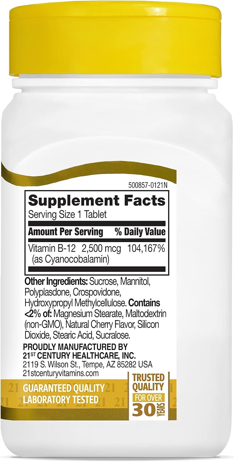 21st Century B-12 2500mcg Sublingual Tablets, High Potency, 110 Count | High-Potency Vitamin B12 2500 mcg, Natural Energy & Healthy Red Blood Cell Support, Vegan, Vegetarian, Third-Party Tested